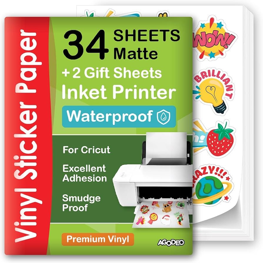 Amazon Premium Printable Vinyl Sticker Paper For Inkjet Printer 34 Sheets Self Adhesive Sheets Matte White Waterproof Dries Quickly Vivid Colors Holds Ink Well Tear Resistant Office Products