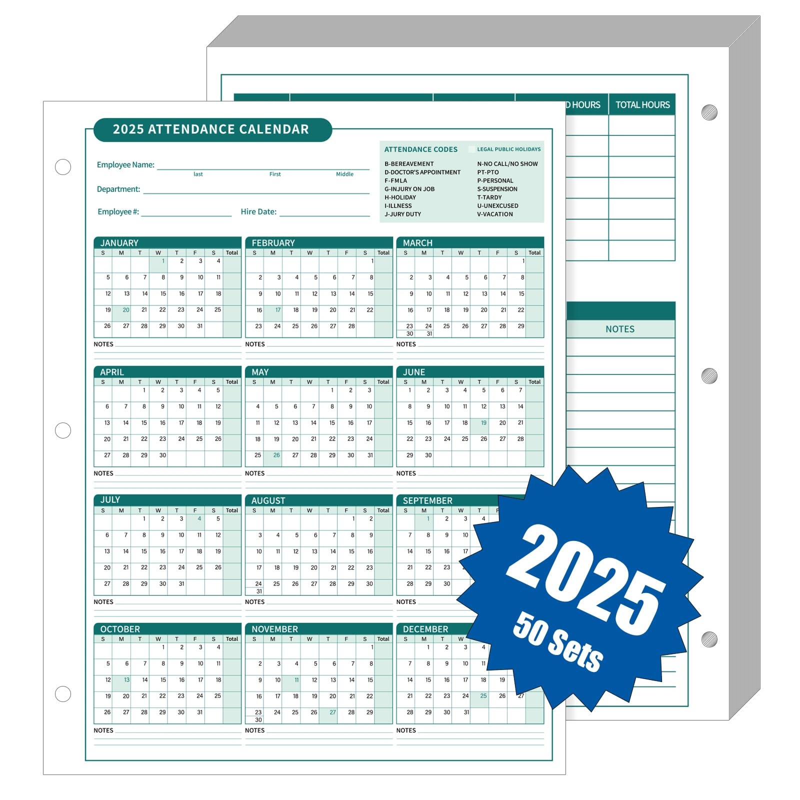 Amazon ReliThick 50 Pcs 2026 Attendance Calendar Card Stock Paper 2026 Attendance Sheets For 3 Hole Binder Employee Record Folders For Manager Hr Store Location Managers Green Office Products