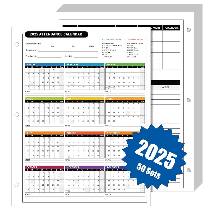 Amazon ReliThick 50 Pcs 2026 Attendance Calendar Card Stock Paper 2026 Attendance Sheets For 3 Hole Binder Employee Record Folders For Manager Hr Store Location Managers Multicolor Office Products