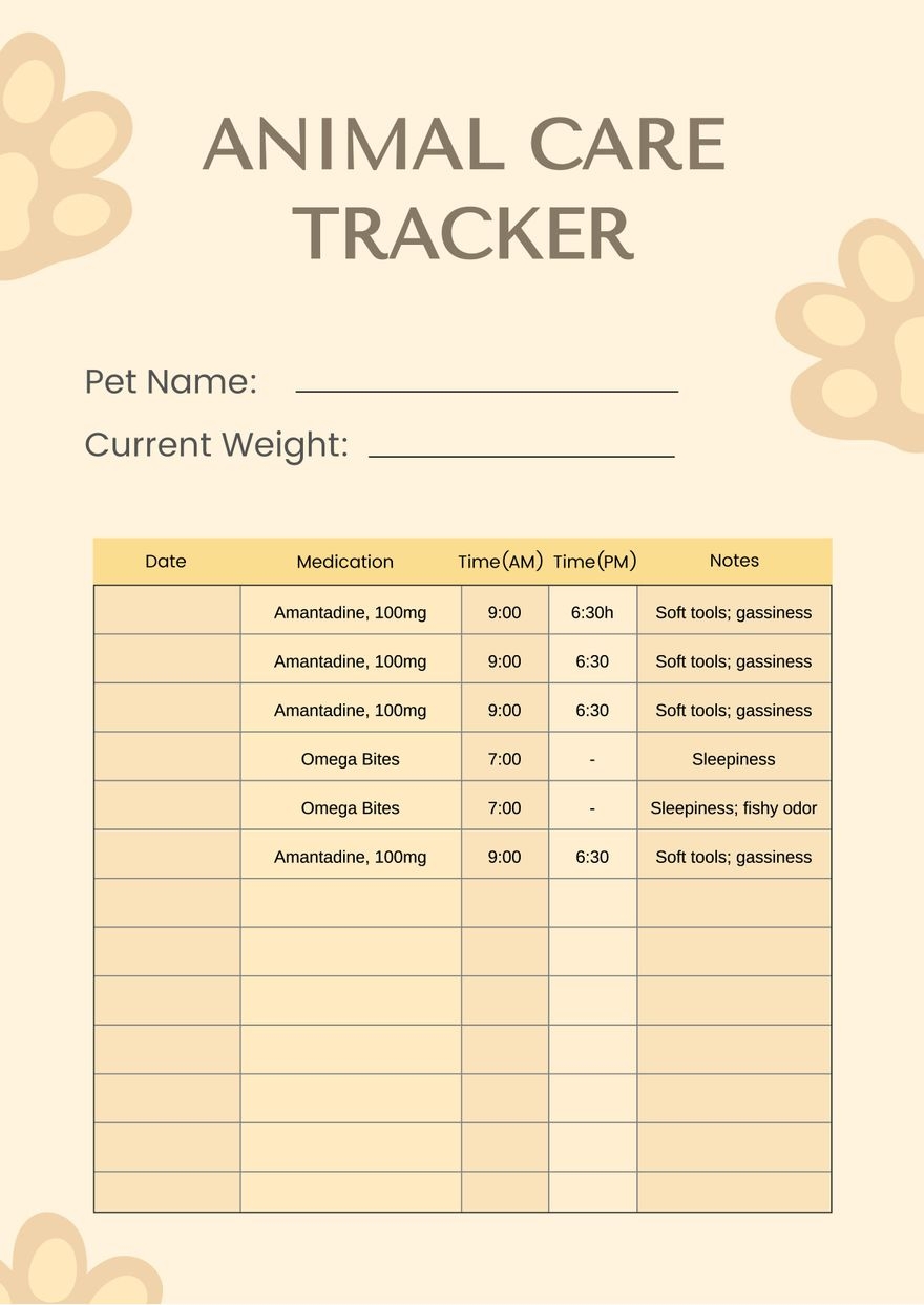 Animal Care Chart In Illustrator PDF Download Template
