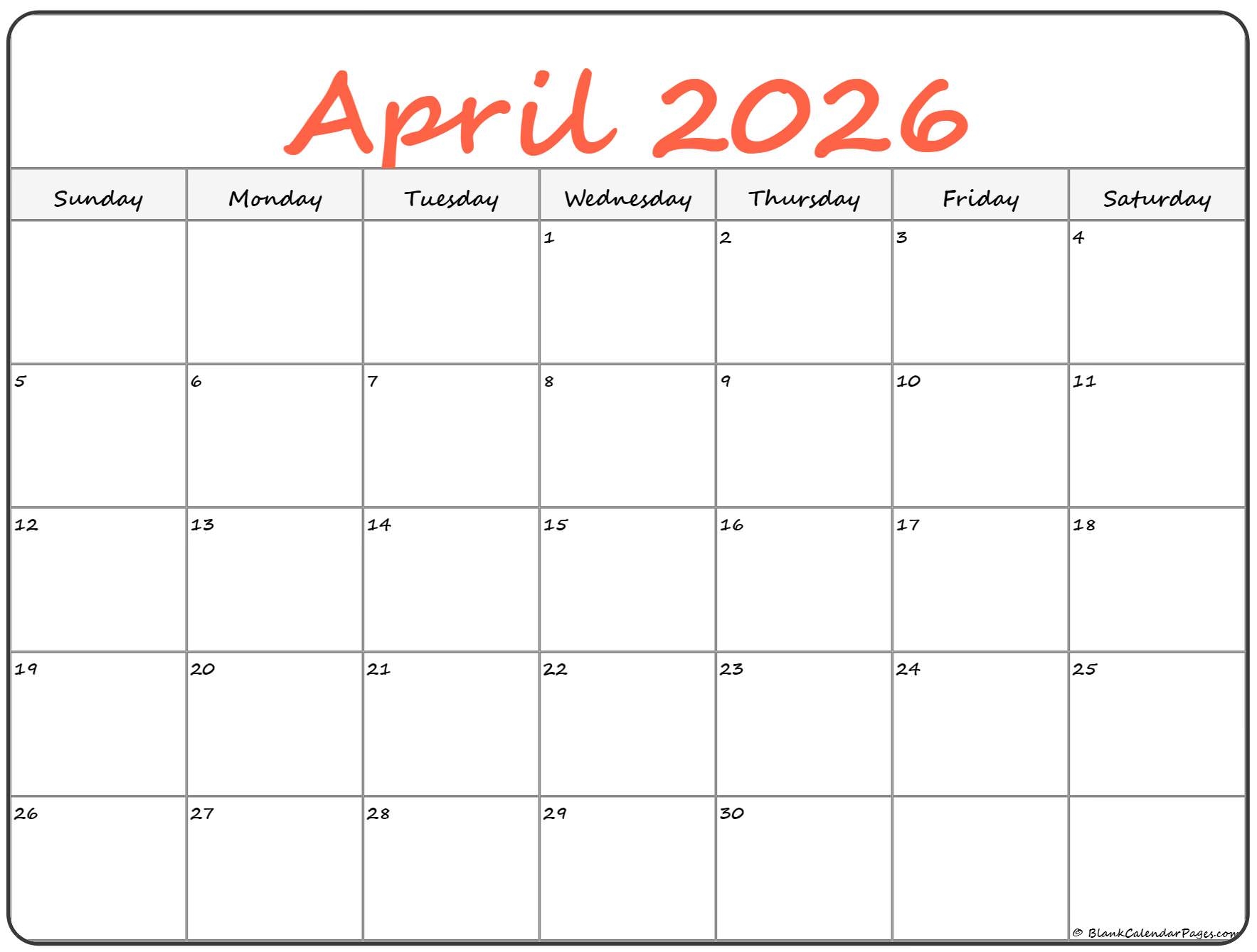 Free Printable 2026 April Calendar