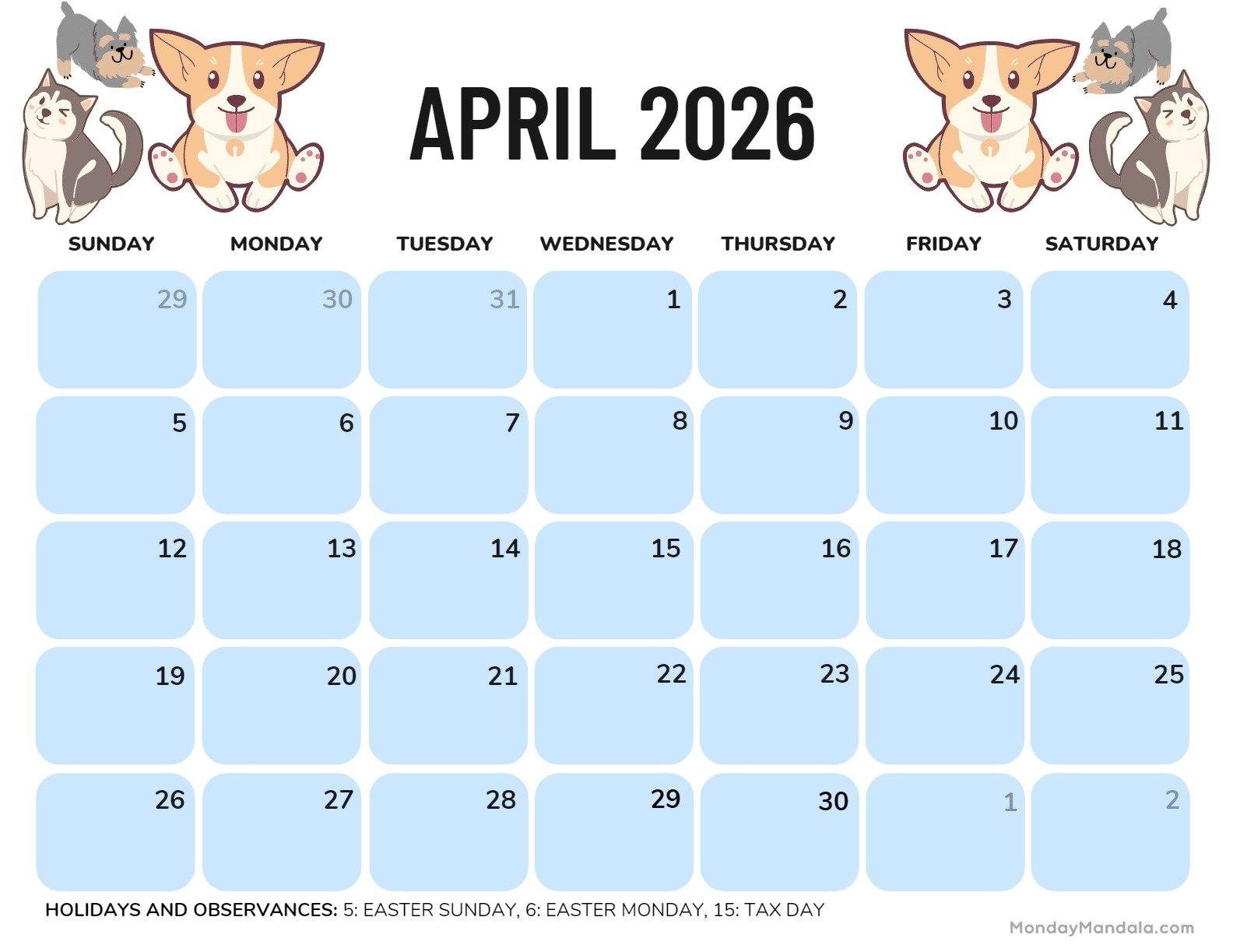 April Printable Calendar 2026 Free