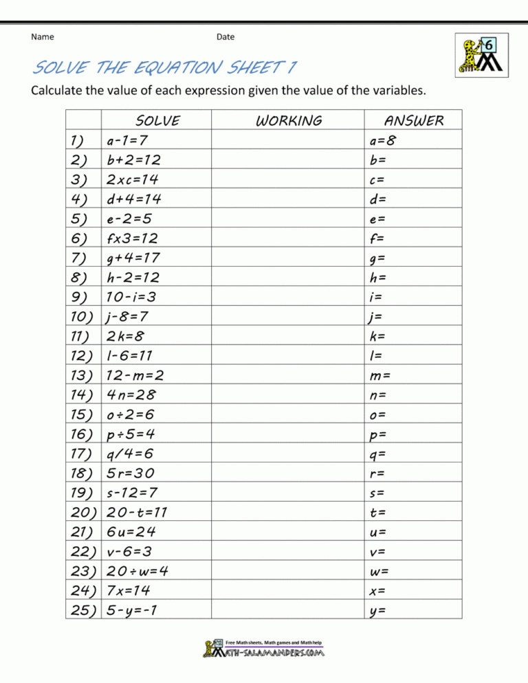 Basic Algebra Worksheets