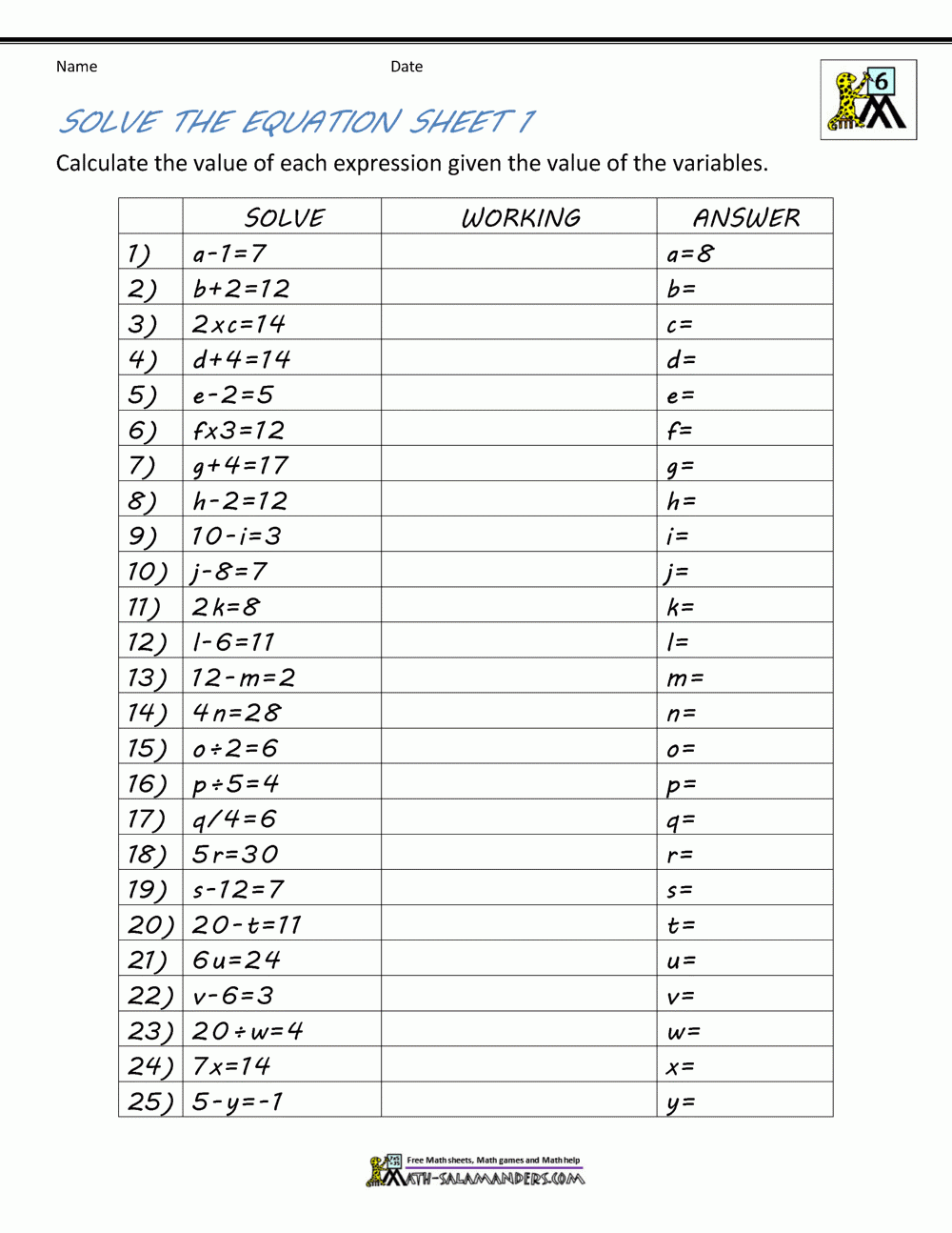Basic Algebra Worksheets