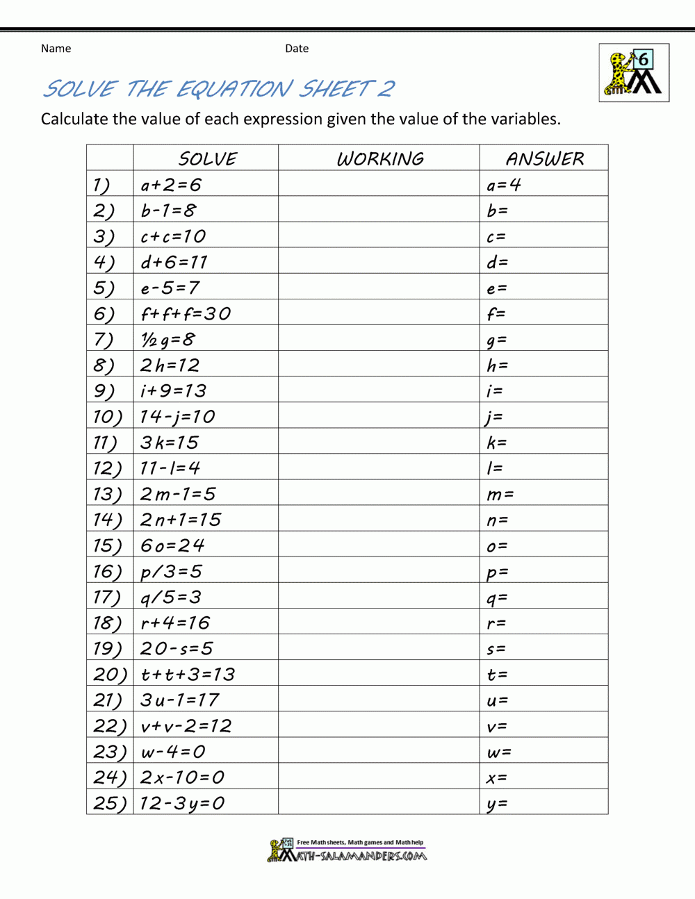Basic Algebra Worksheets