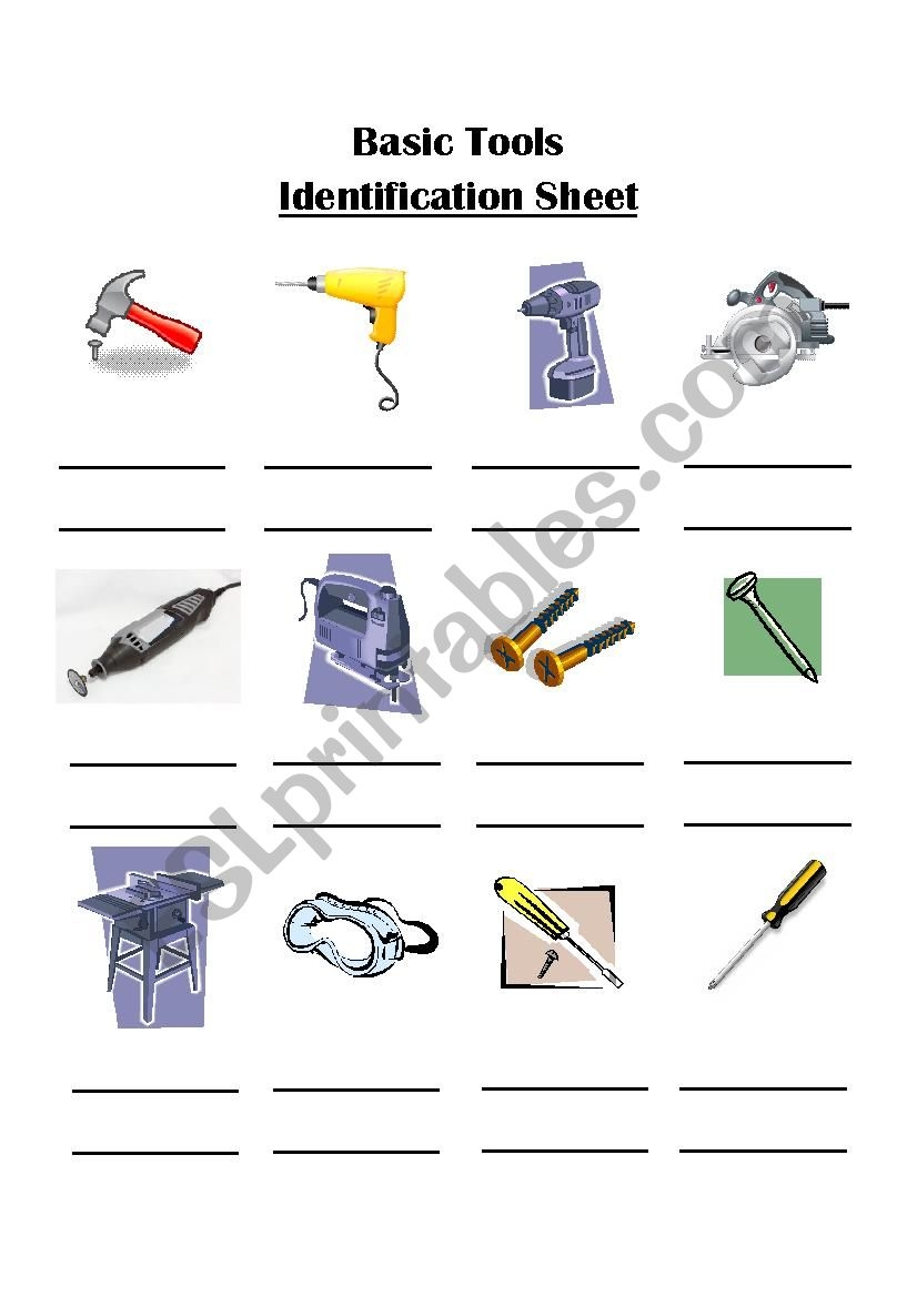 Basic Tools Identification Sheet ESL Worksheet By Dhobson