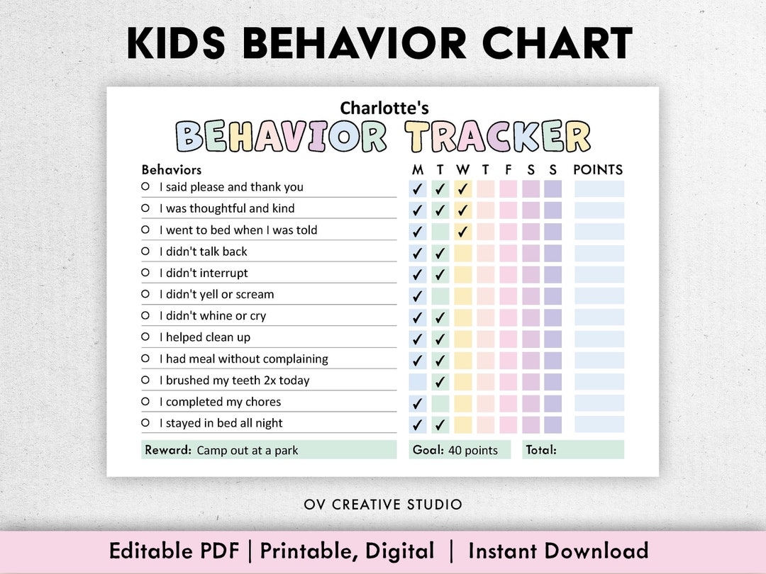 Behavior Reward Chart For Kids Printable Editable Digital PDF Good Behavior Tracking Children Behavior Chart Home Classroom Etsy