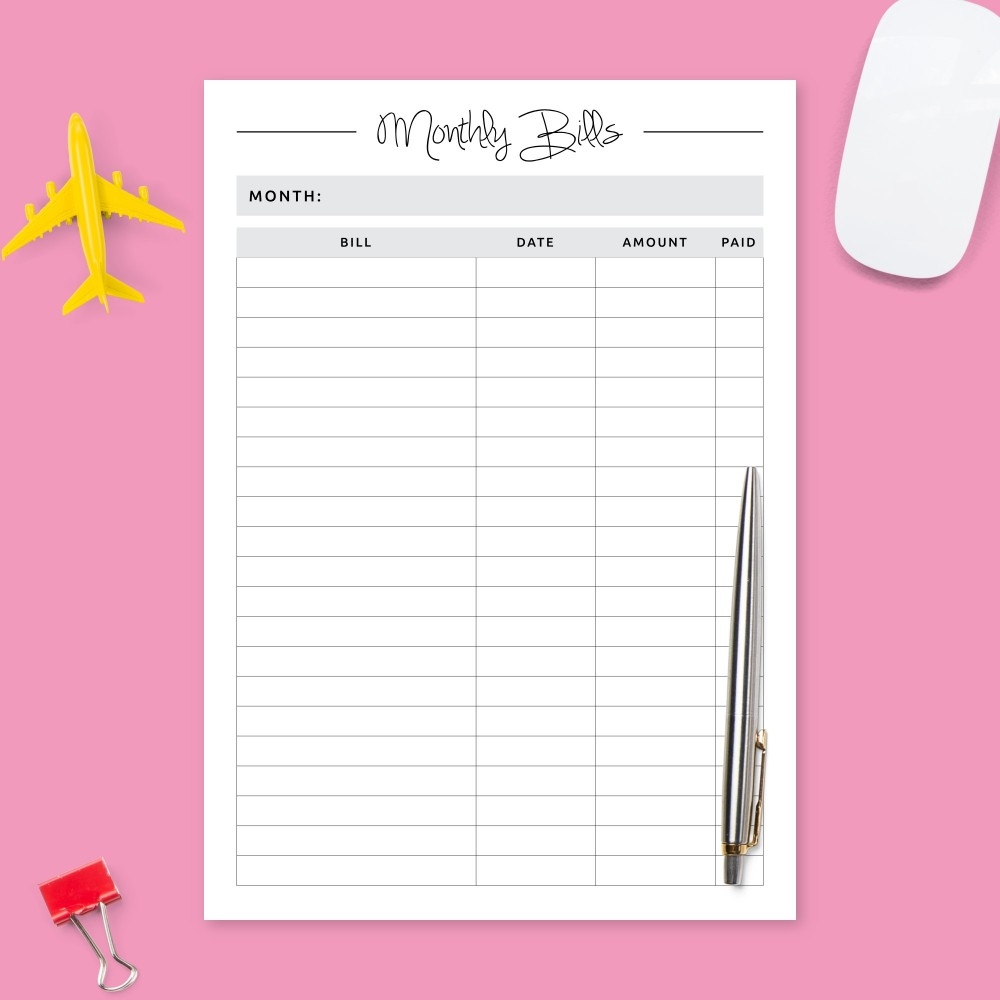 Printable Bill Tracker Sheet