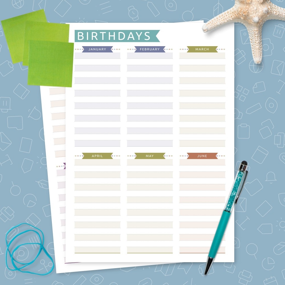 Birthday Calendar Casual Style Template Printable PDF