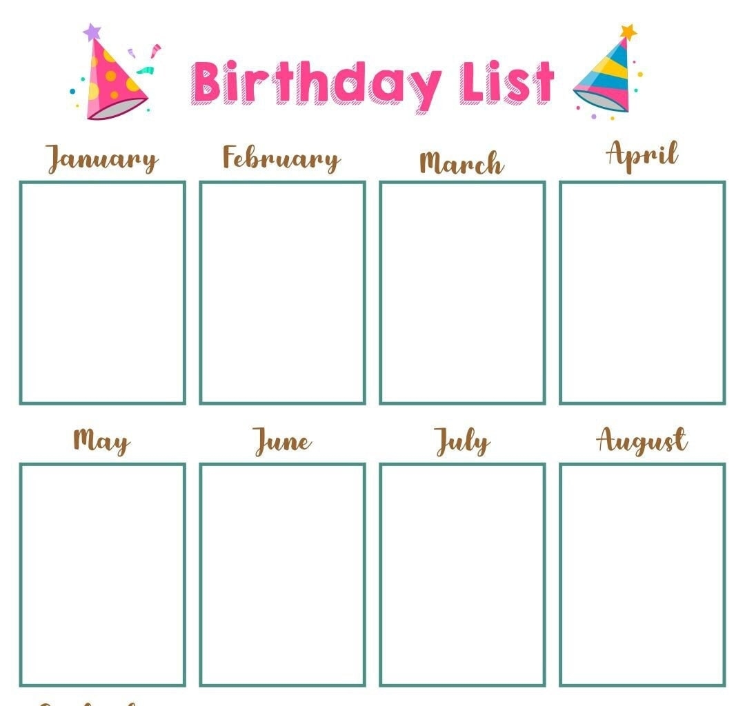 Birthday List Calendar A4 Paper Print A4 Card Birthday Accessories Notebook Design Yourself Calendar Template Etsy