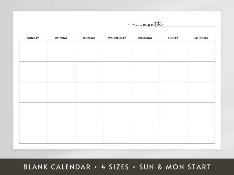 Blank Printable Calendar Large Undated Wall Calendar 8x11 18x24 24x36 27x40 Sunday And Monday Start Digital Download Etsy UK