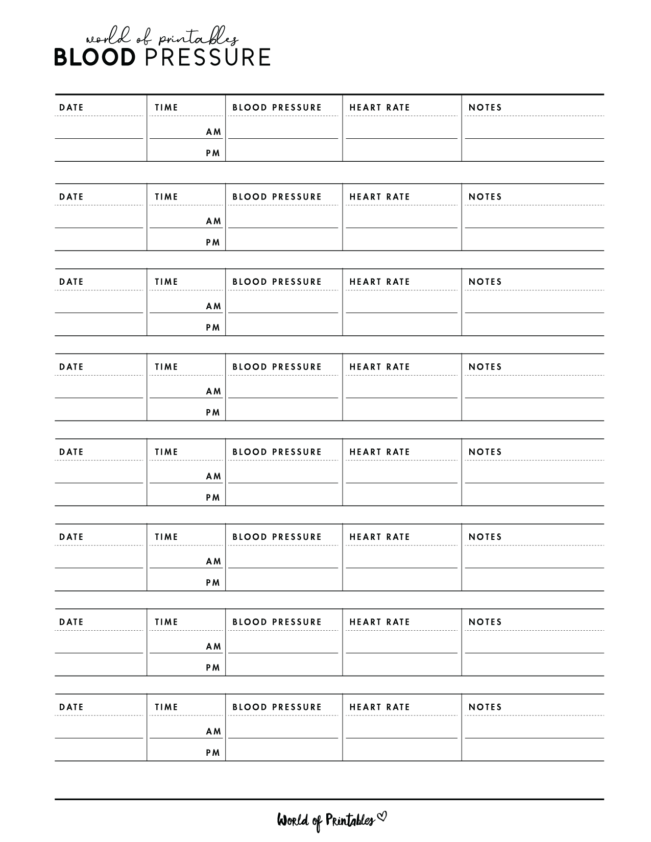 Printable Blood Pressure Tracker Sheet