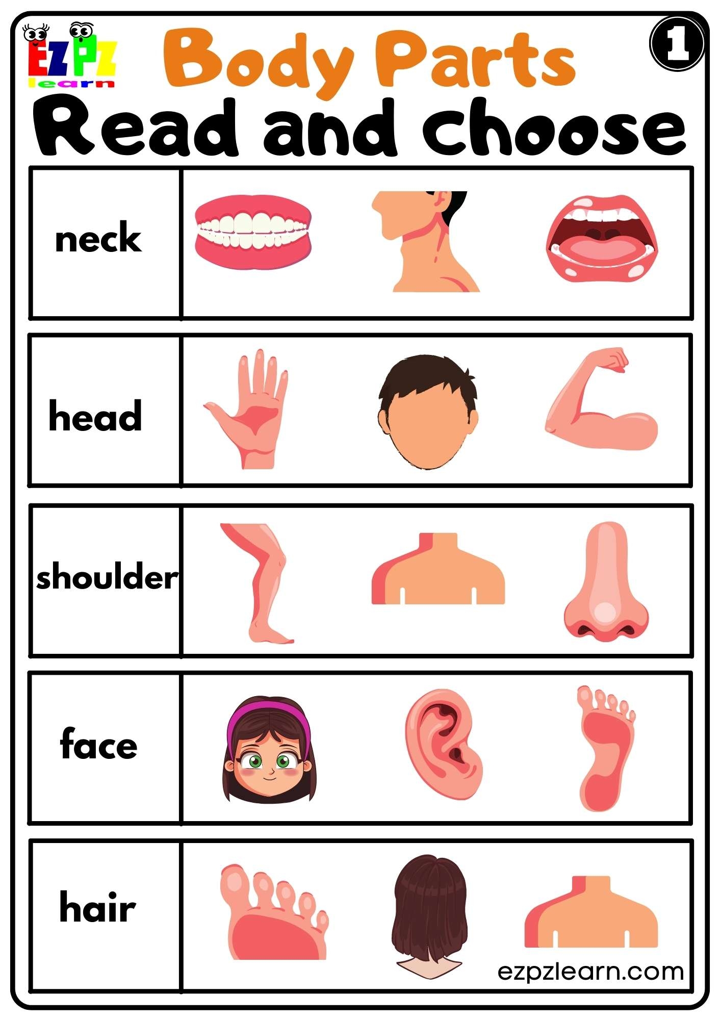 Body Parts Read And Choose Worksheets For Kids And ESL PDF Download Set 1 Ezpzlearn