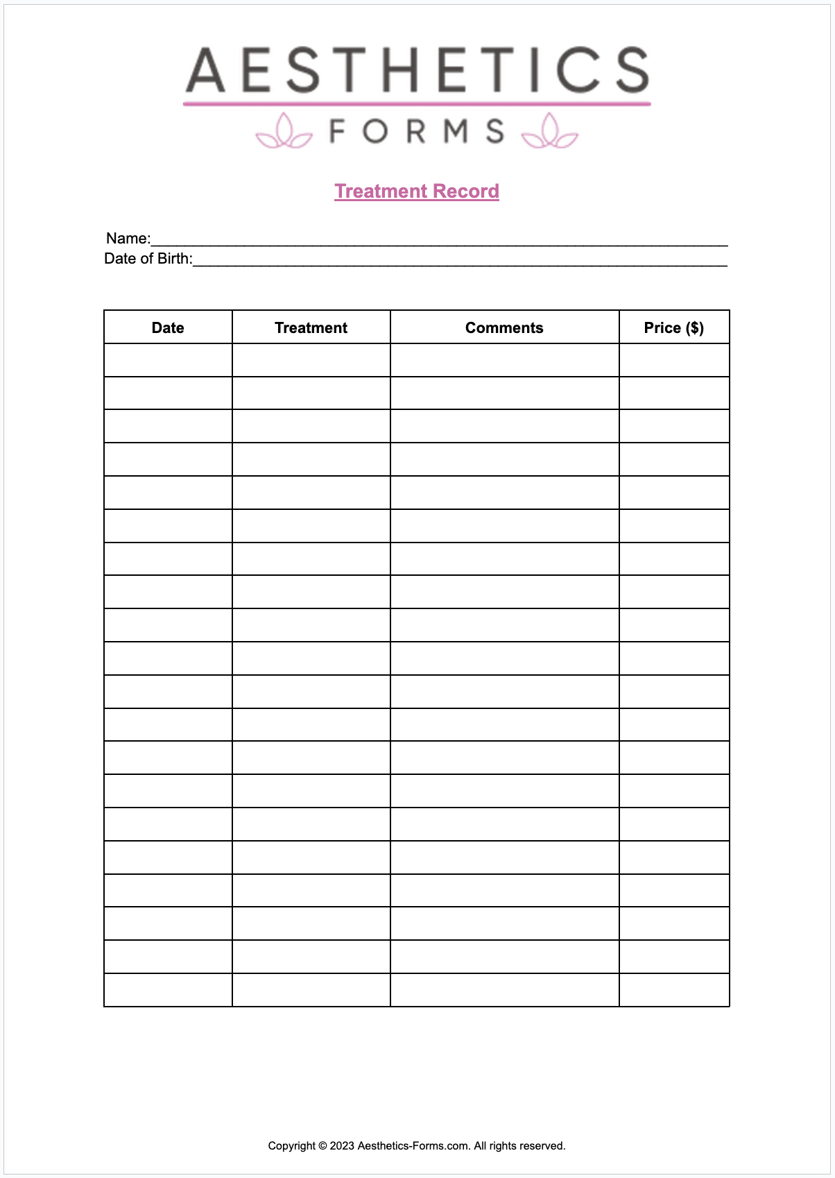 Botulinum Toxin Treatment Record PDF Printable PDF Download