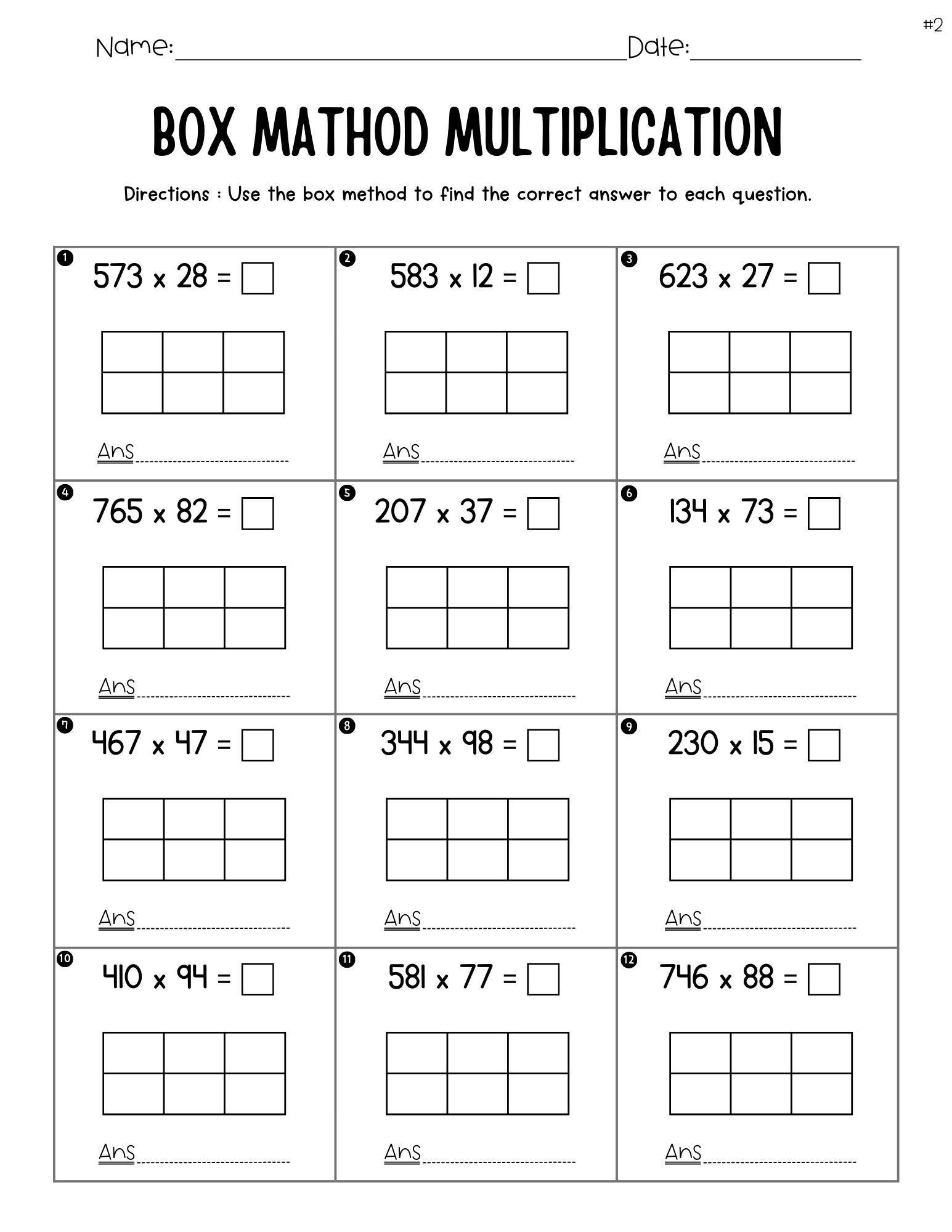 Printable Box Method Multiplication Worksheet