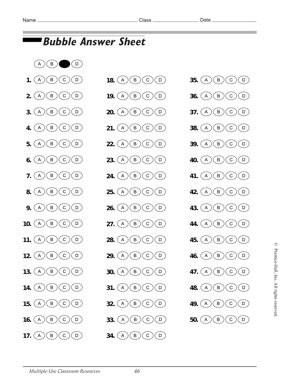 Bubble Answer Sheet Template Printable Reusable