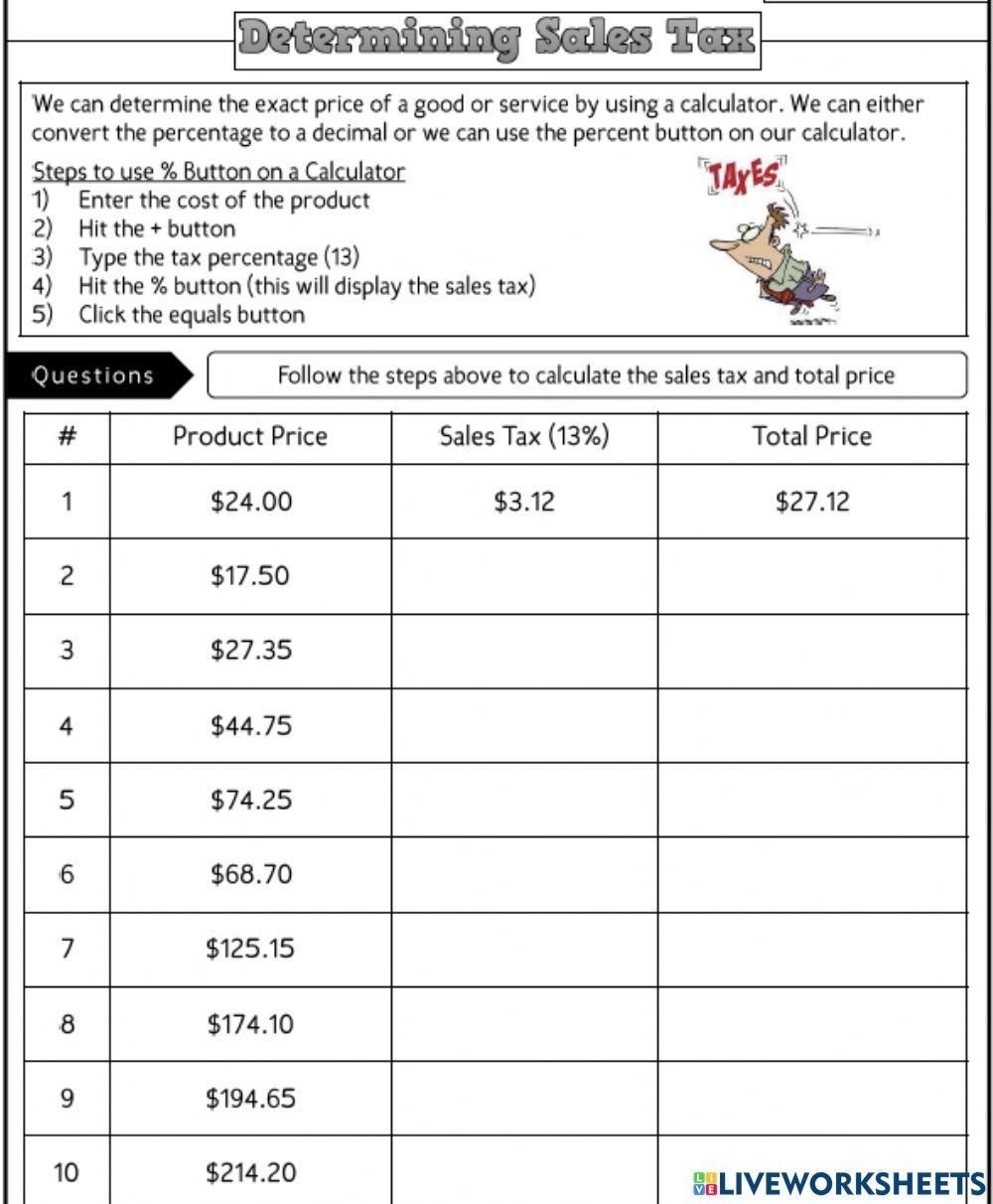 Calculating Sales Tax With A Calculator Online Exercise For Live Worksheets Library