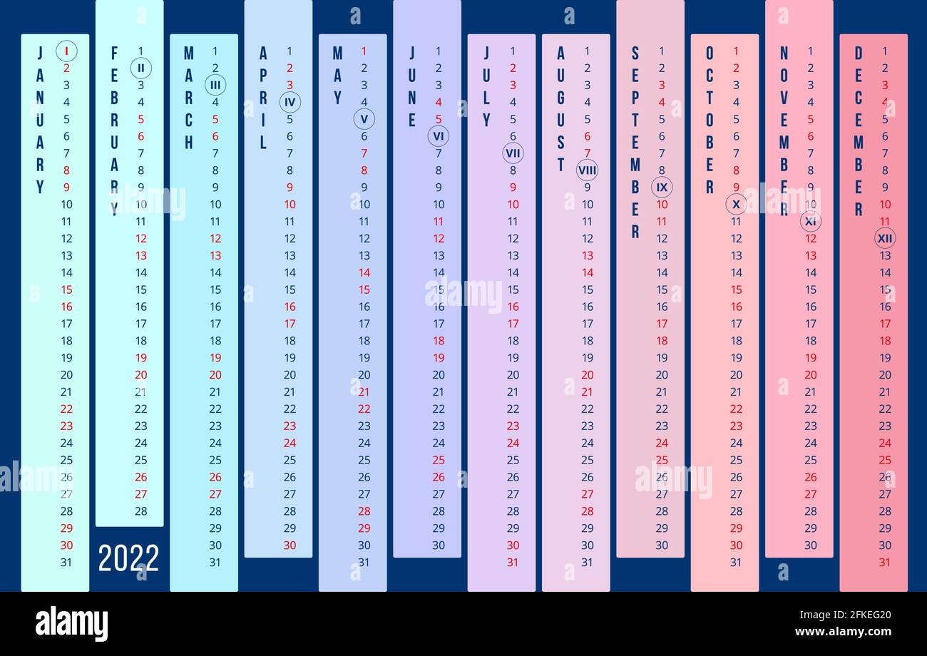 Calendar 2022 Year New 2022 Linear Calendar Template In English 12 Months Vertically Of Different Colors On Dark Blue Background Stock Vector Stock Vector Image Art Alamy