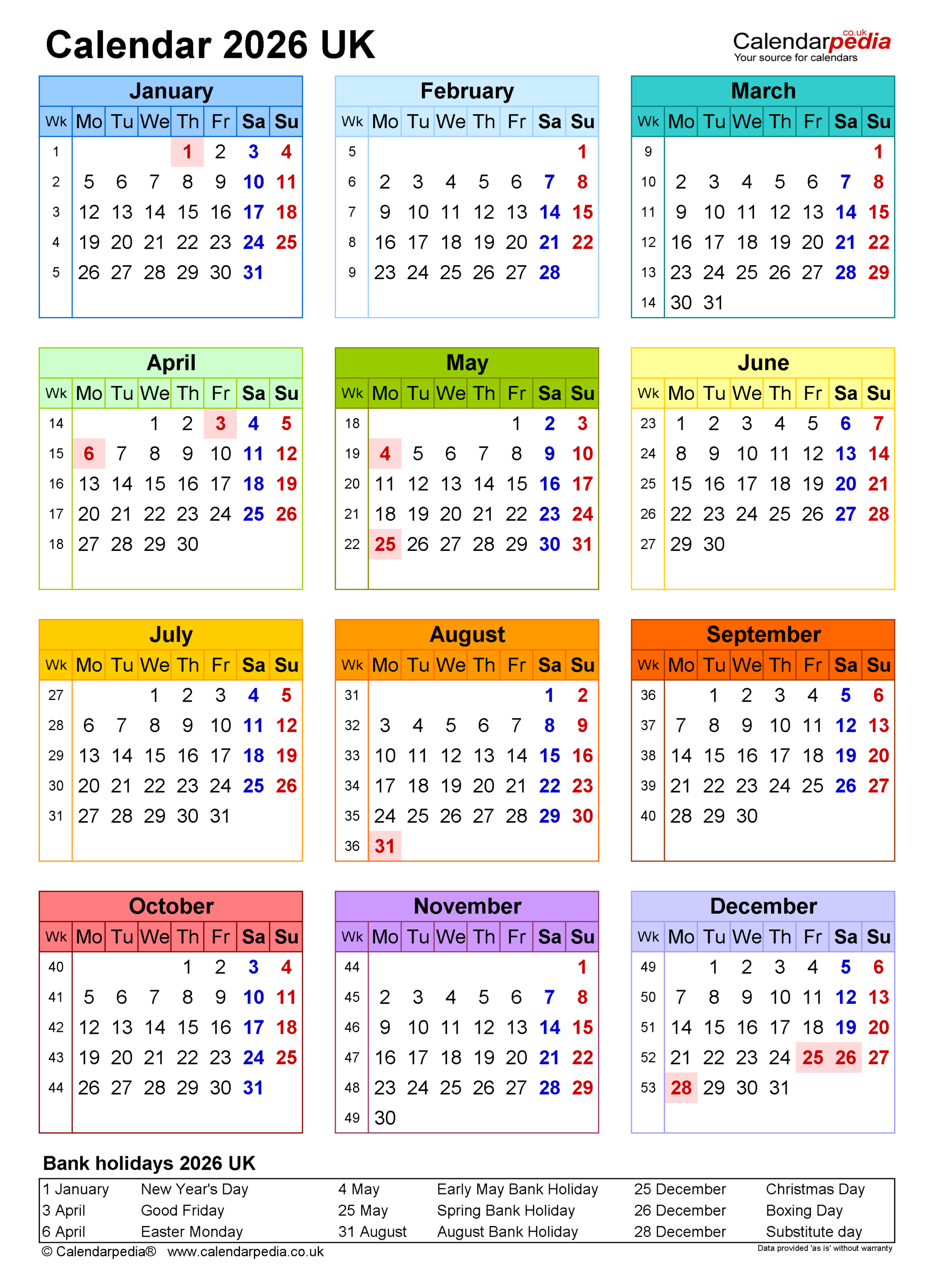 Calendar 2026 UK Free Printable PDF Templates