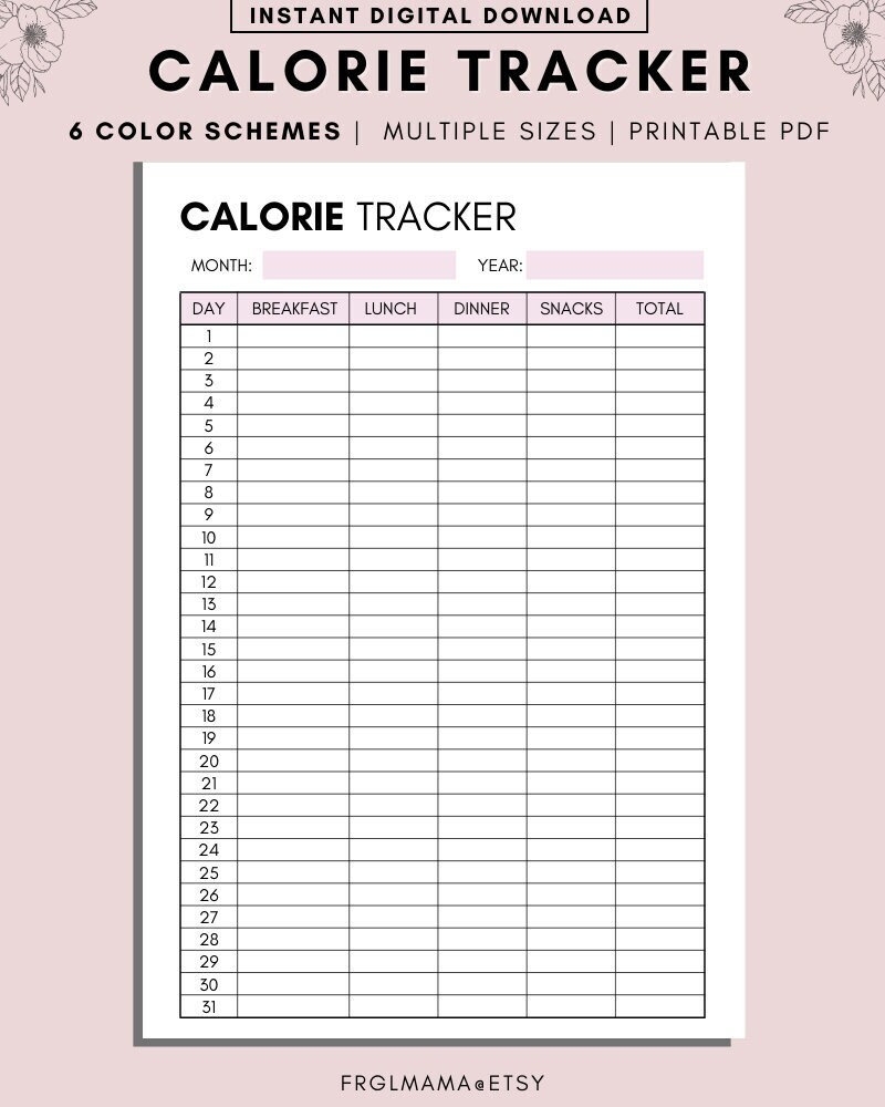 Calorie Tracker Monthly Calorie Tracker Printable Low Calorie Diet Tracker Calorie Journal Diet Diary Daily Food Journal A4 A5 PDF Etsy