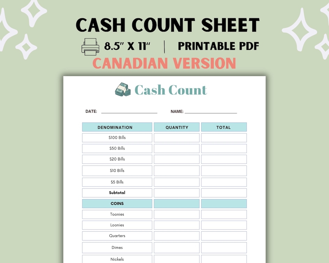 Canadian Cash Count Sheet Business Money Tally Daily Register PDF Download Etsy