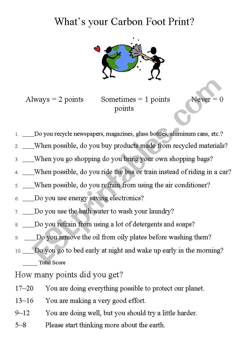Carbon Footprint Quiz ESL Worksheet By Patrickgaebler