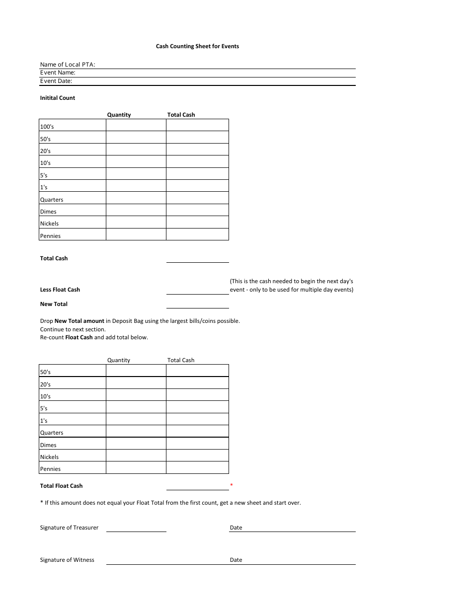 Cash Counting Sheet For Events Template Download Printable PDF Templateroller