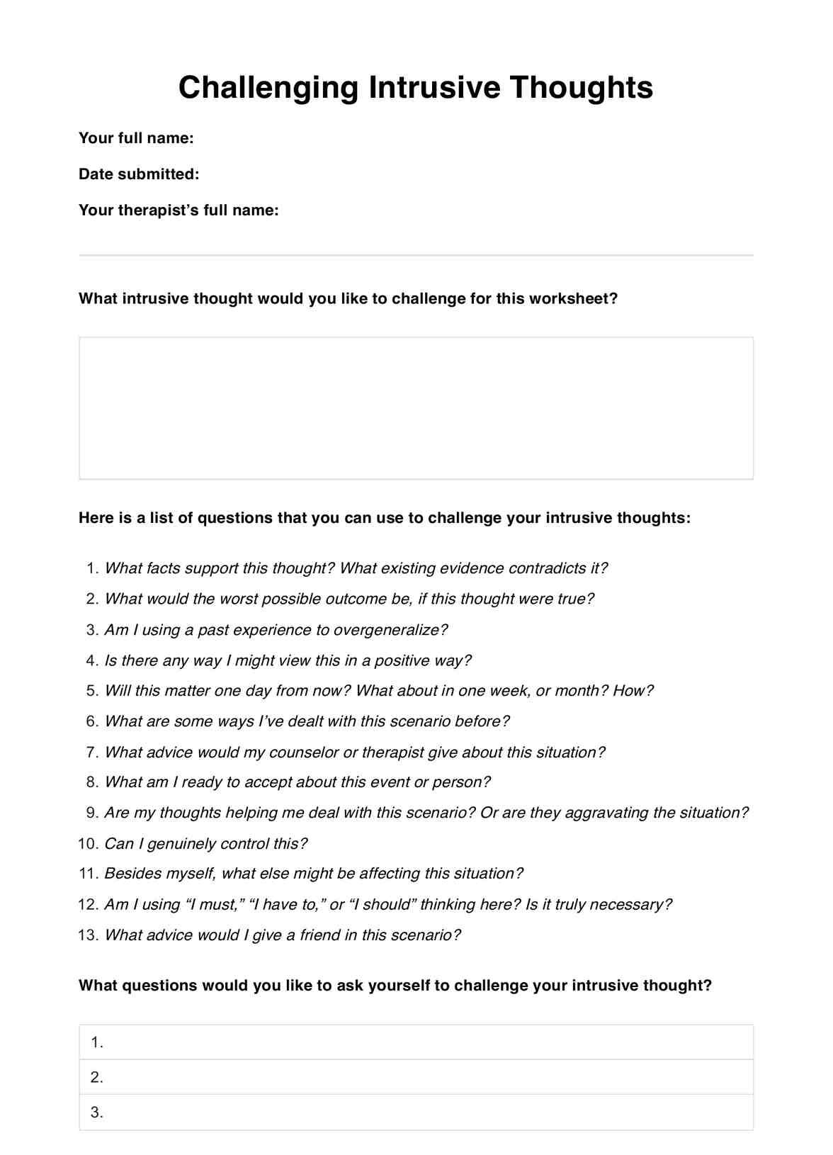 Challenging Intrusive Thoughts Worksheet