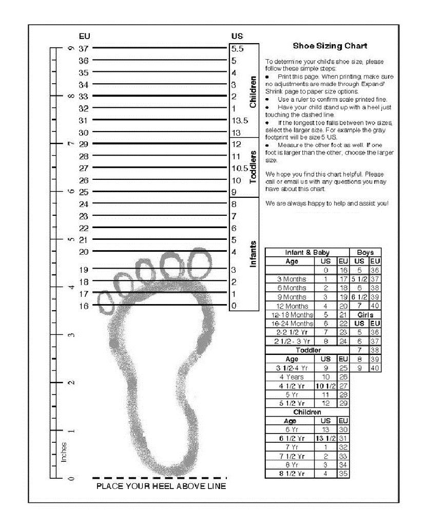 Printable Foot Size Measuring Chart Printable Foot Size Measuring Chart
