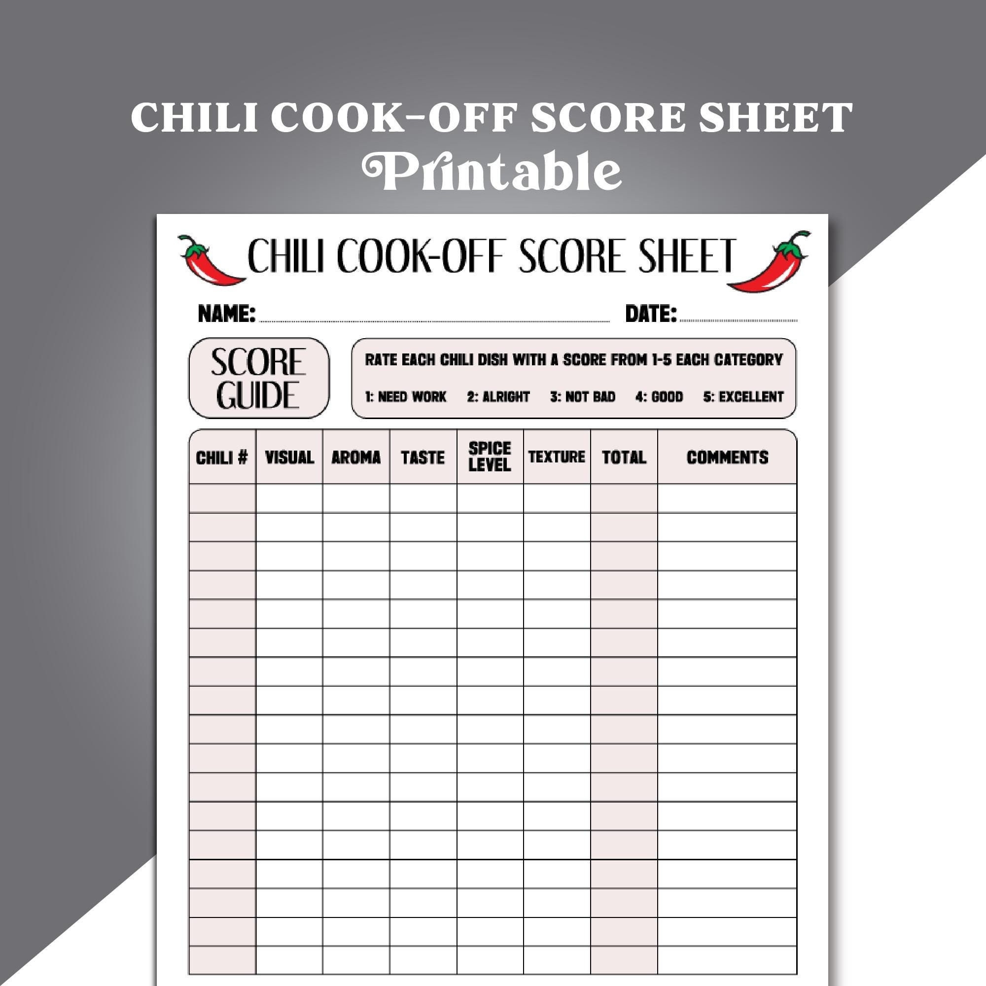 Chili Cook off Score Sheet Printable For Chili Competition Cook Off Scorecard Chili Cookoff Printable Judging Sheet Chili Score Cards Etsy