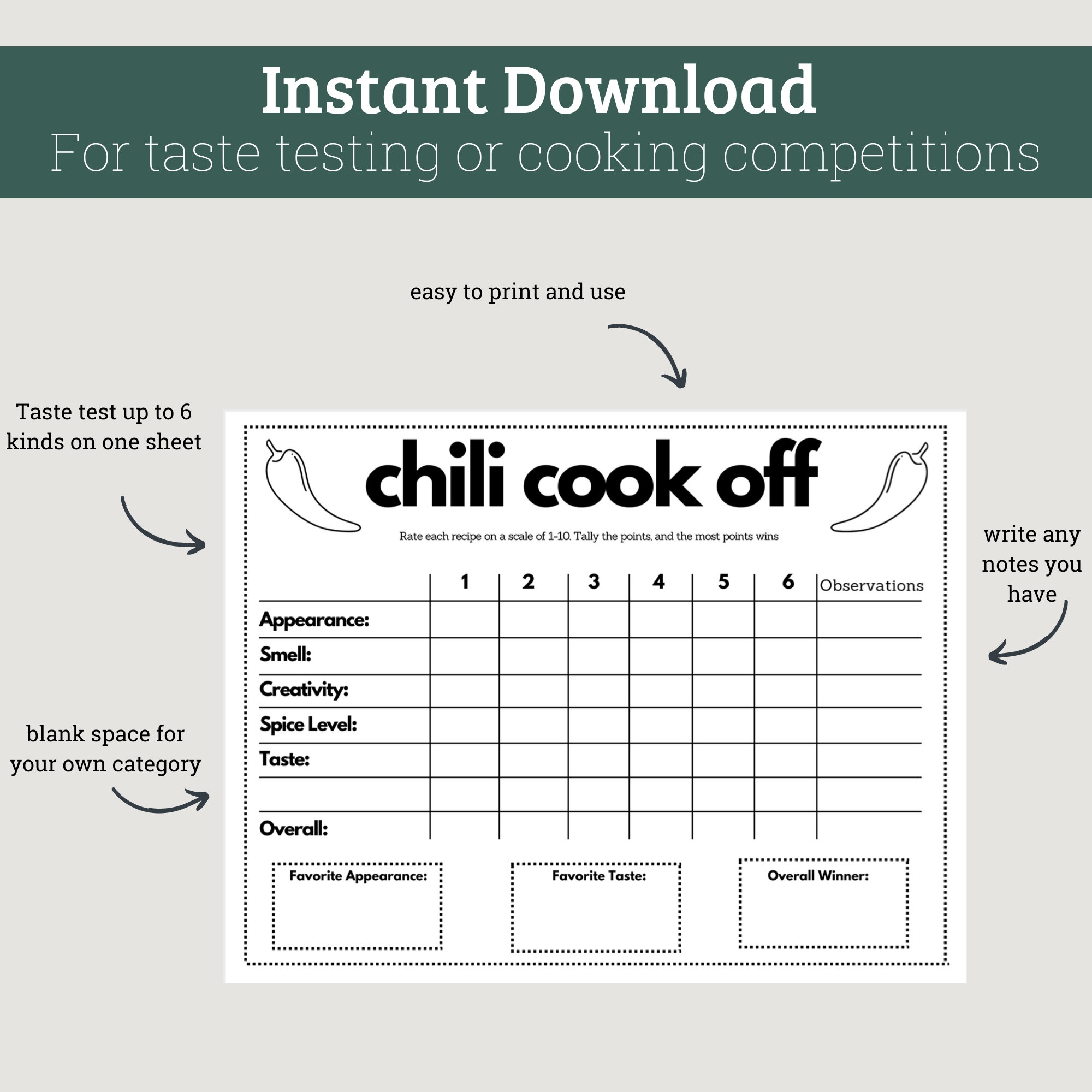 Chili Cook off Taste Testing Scorecard Printable For Parties And Competitions Etsy