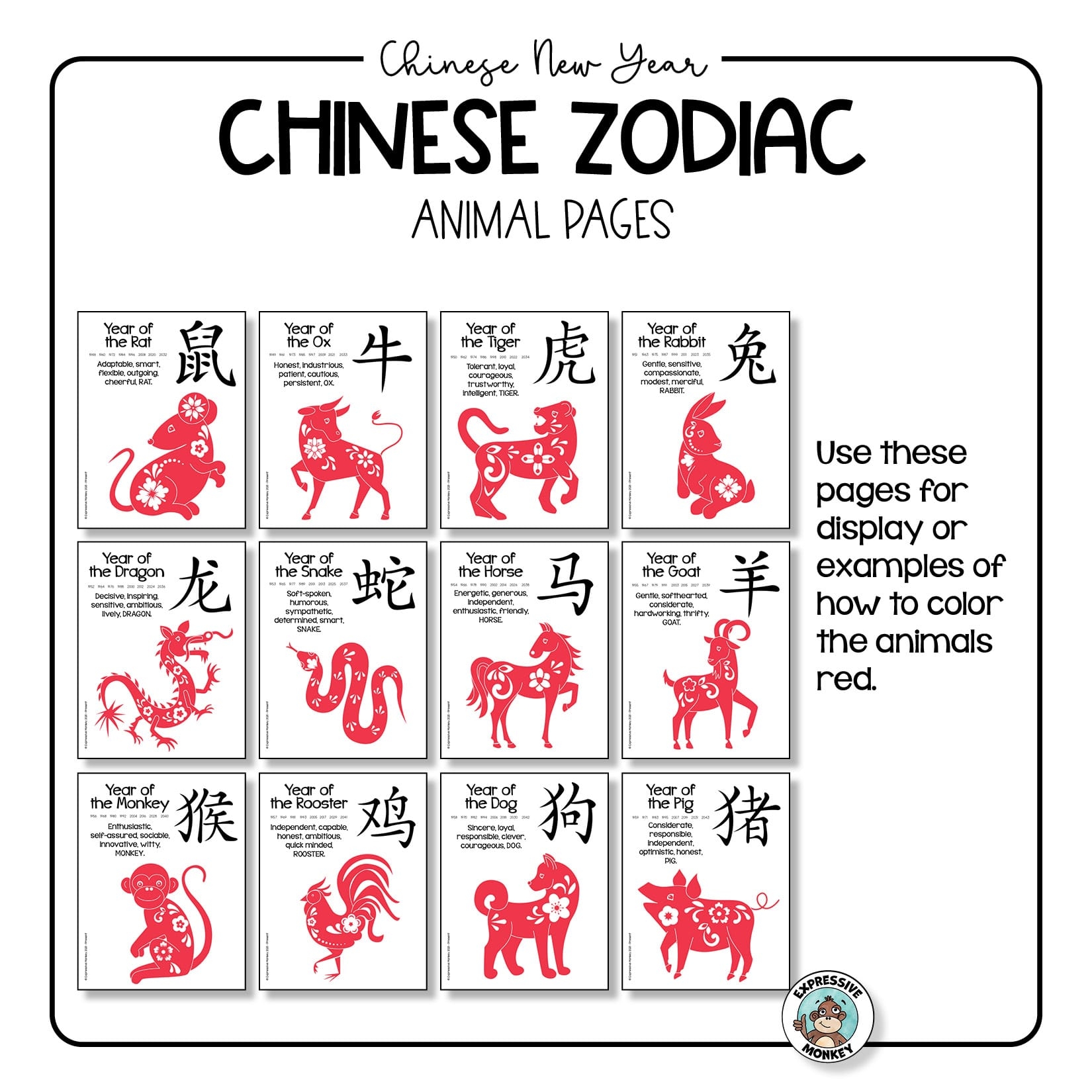 Chinese Zodiac Animals Coloring Pages