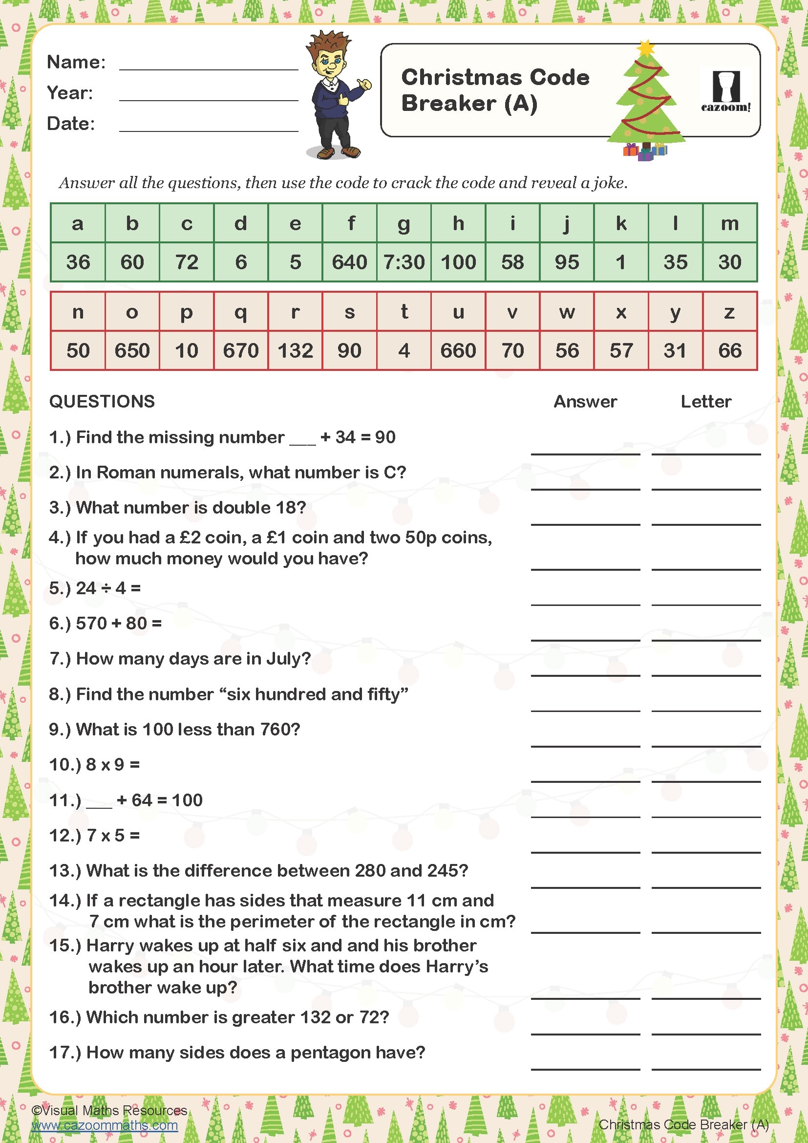 Christmas Code Breaker A Worksheet Cazoom Maths Worksheets