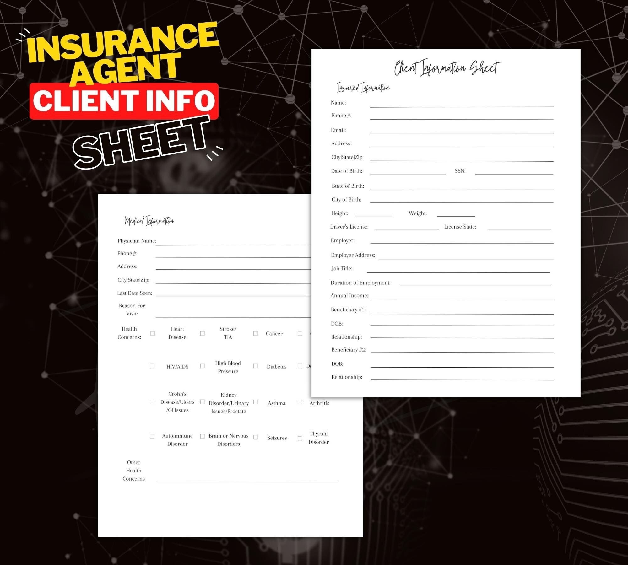 Client Information Sheet Client Forms Insurance Insurance Agent Insurance Printable Fillable Form Instant Download Etsy