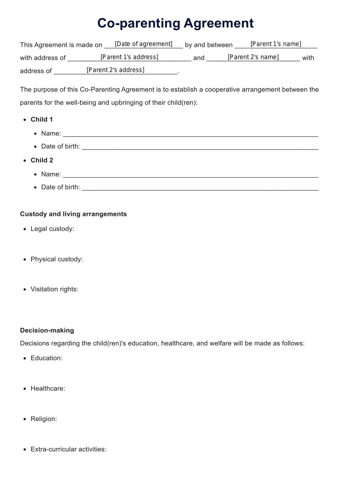 Printable Co Parenting Plan Worksheet