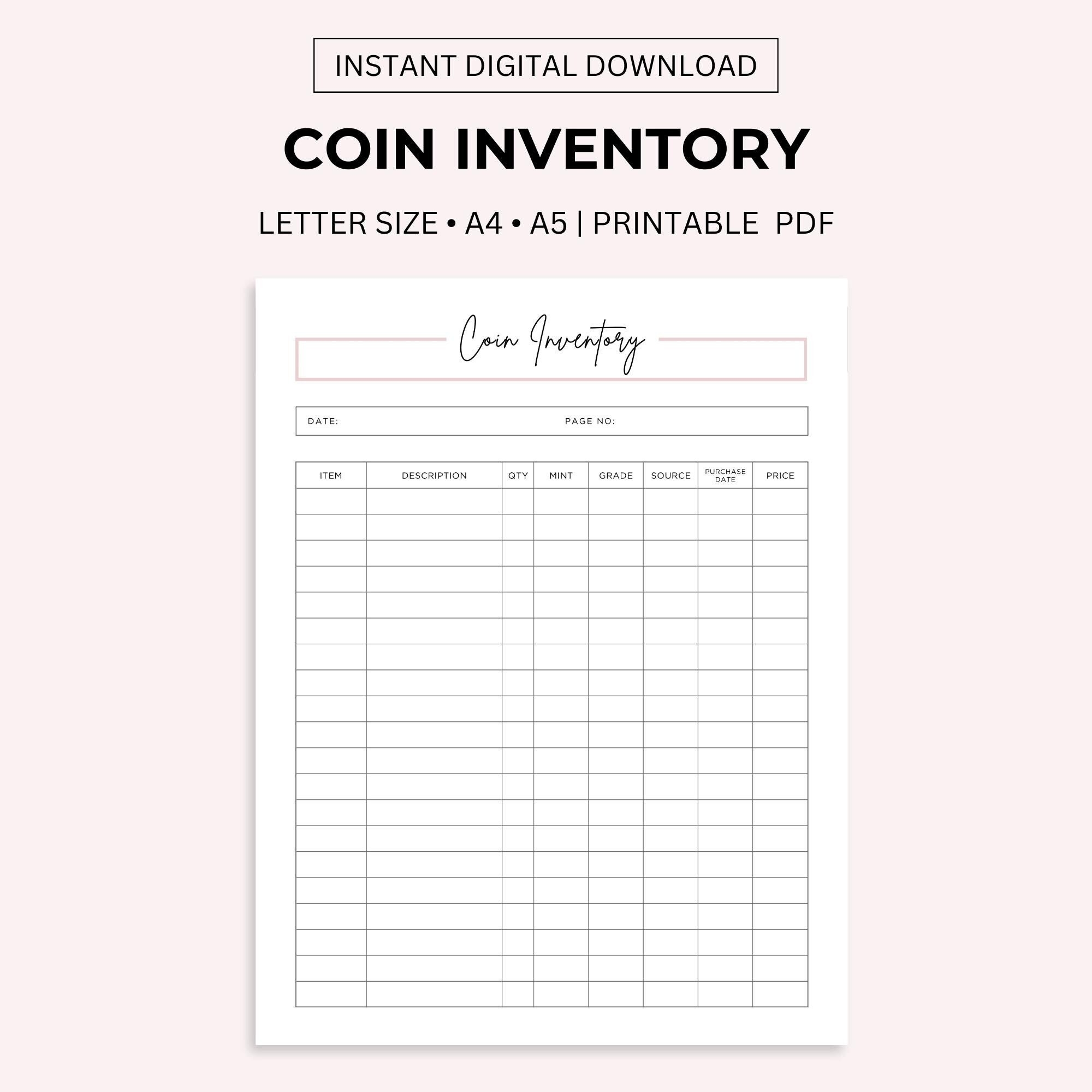 Coin Inventory Log Printable Collection Tracker digital Download Etsy