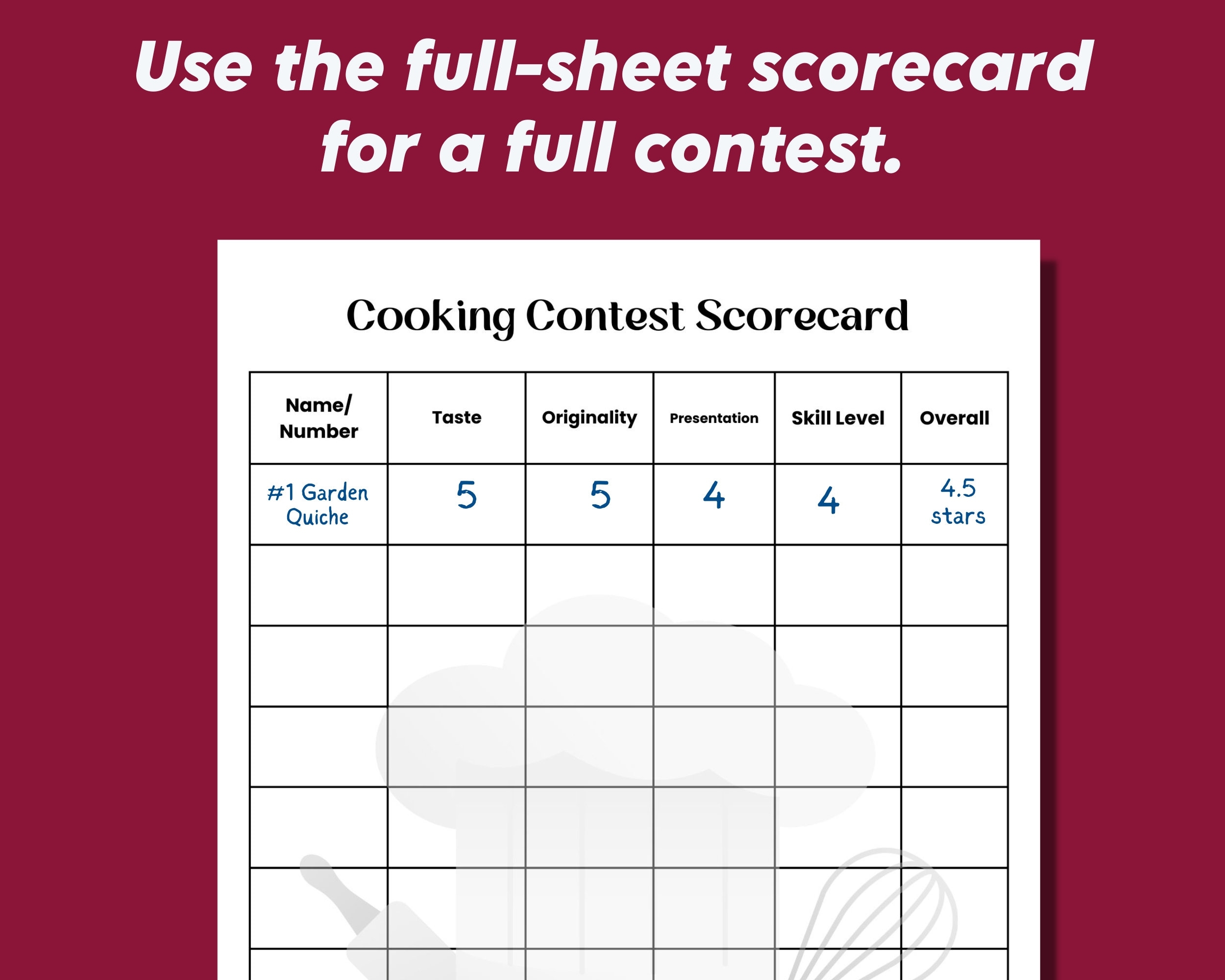 Cooking Contest Score Card Cookoff Party Food Tasting Game Food 