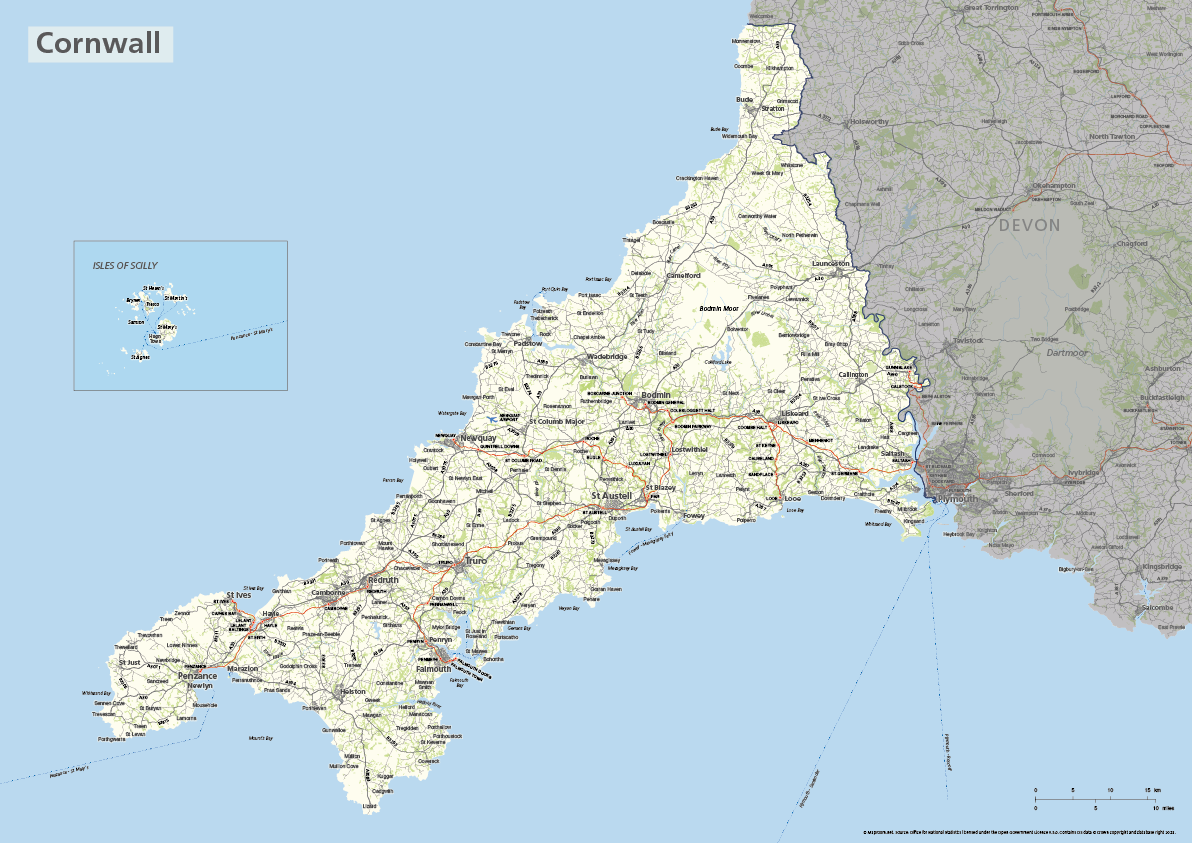 Cornwall County Map With Isles Of Scilly Maproom