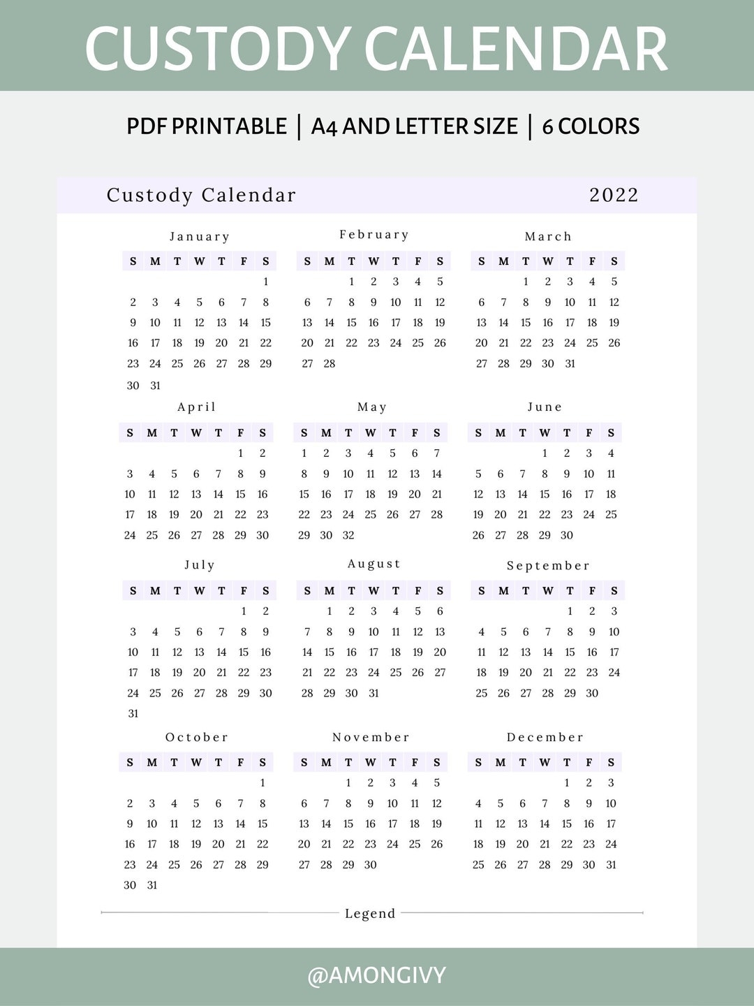 Custody Calendar For Tracking Timeline Events Visitations Phone Calls Co parenting Single Parent Child Custody Printable PDF Etsy
