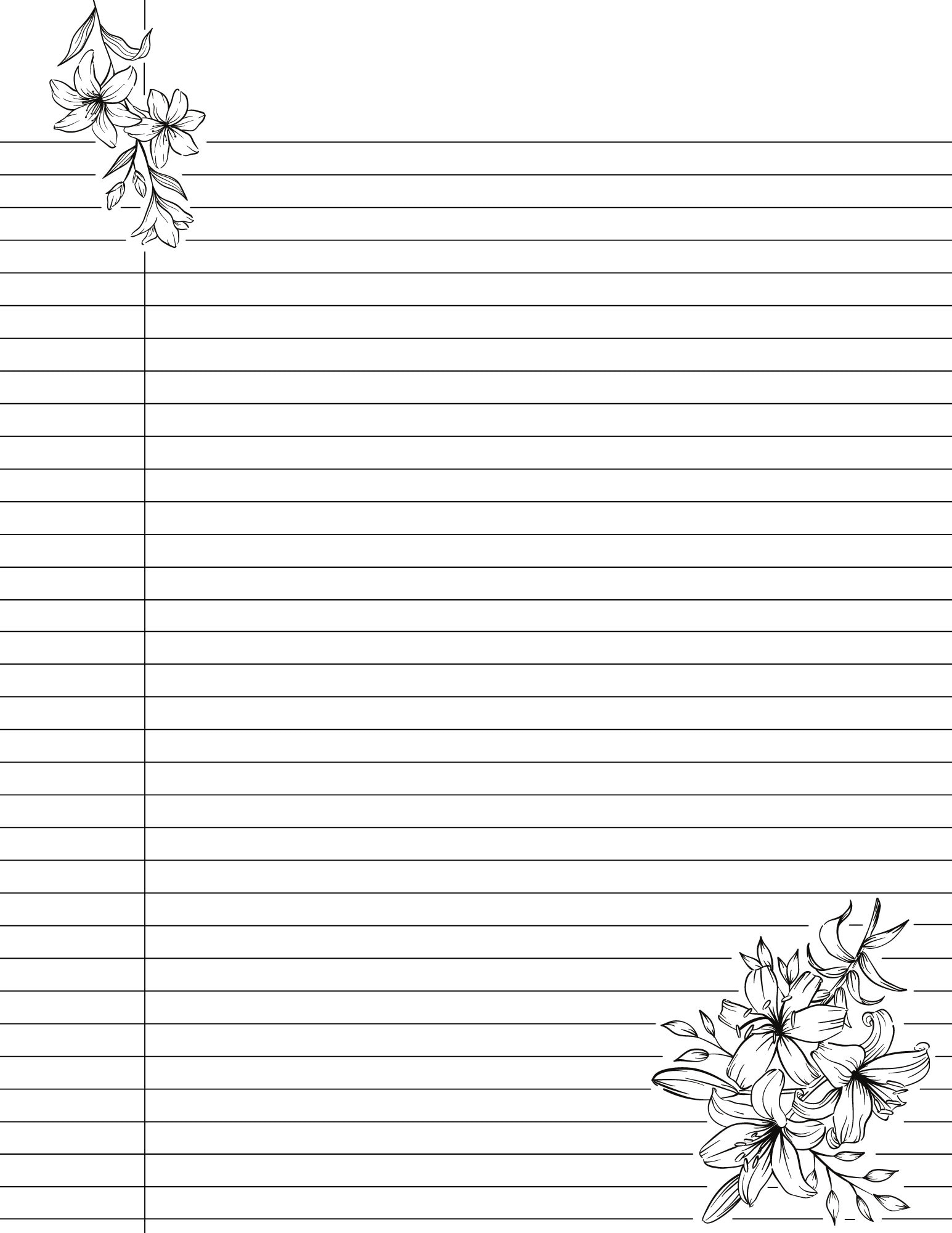 Cute Printable College Ruled Lined Notebook Paper With Margins Floral Lily Flower Design Double Sided Black White Easy Download Etsy