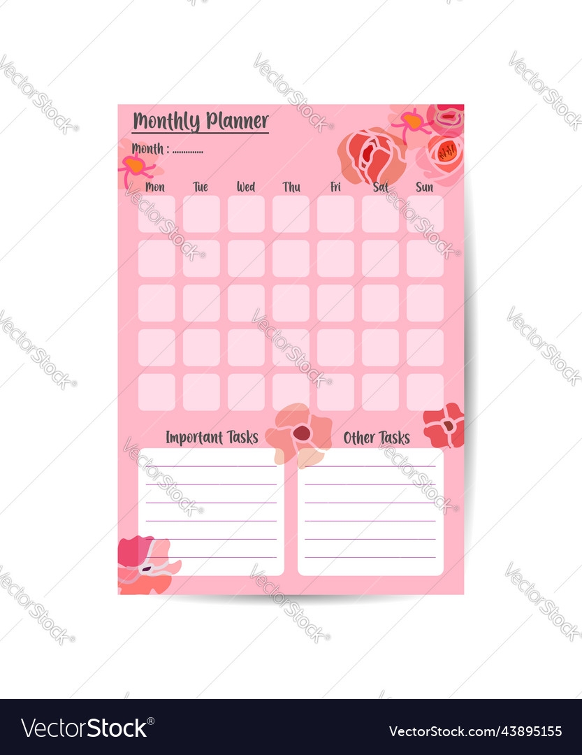 Cute Printable Monthly Planner With Flower Vector Image