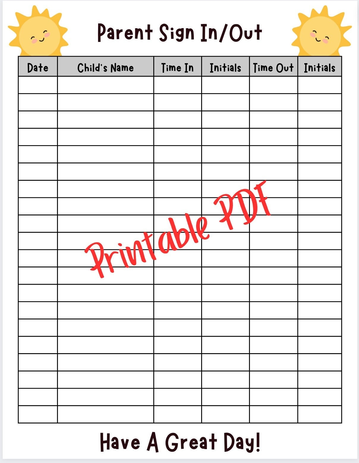 Daily Parent Sign In And Out Form Perfect For Daycare Preschool Sports VBS Camp Mother s Day Out Nursery School Cheerful Sun Theme Etsy Canada