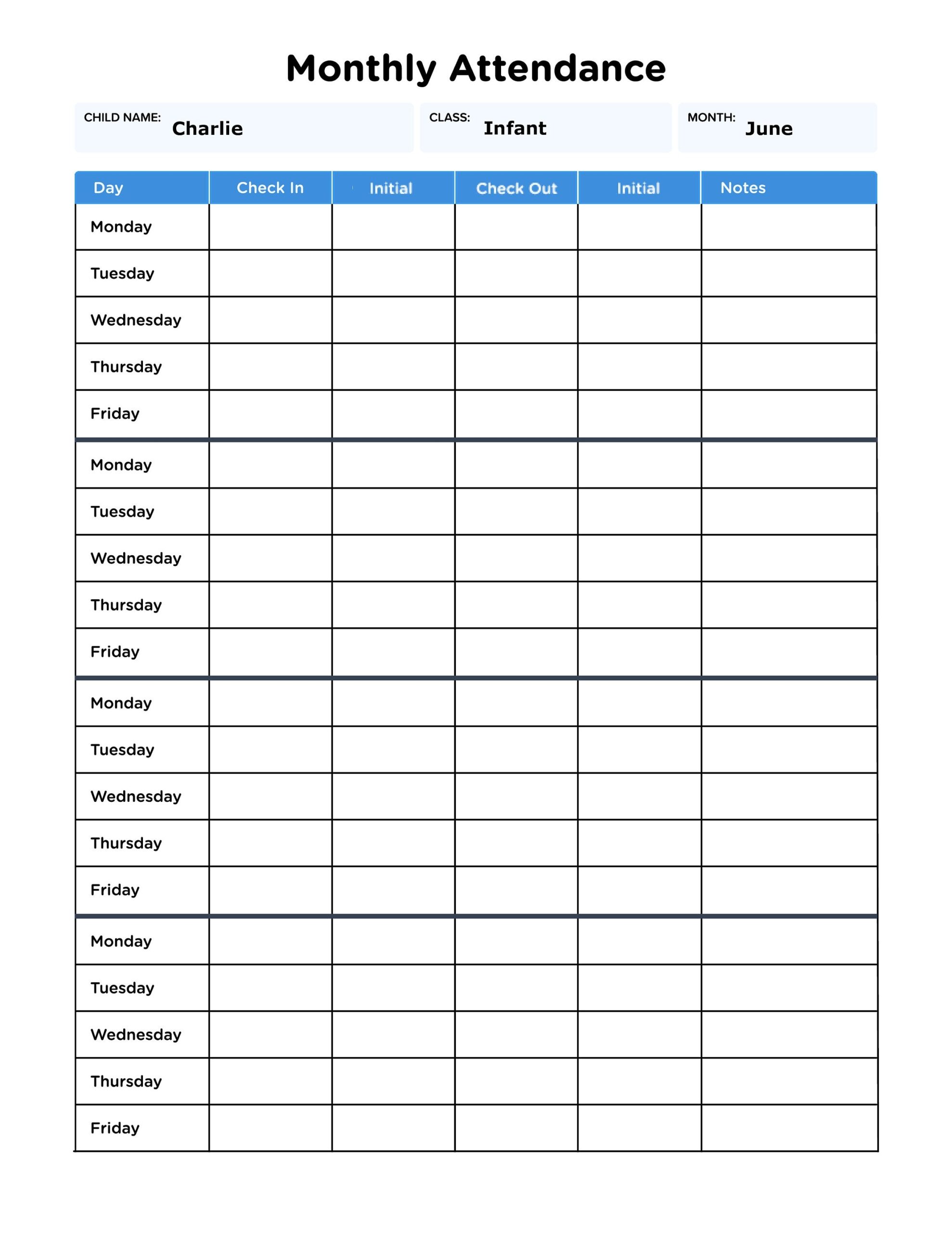 Daycare Monthly Attendance Sheet For Single Child With Fillable 