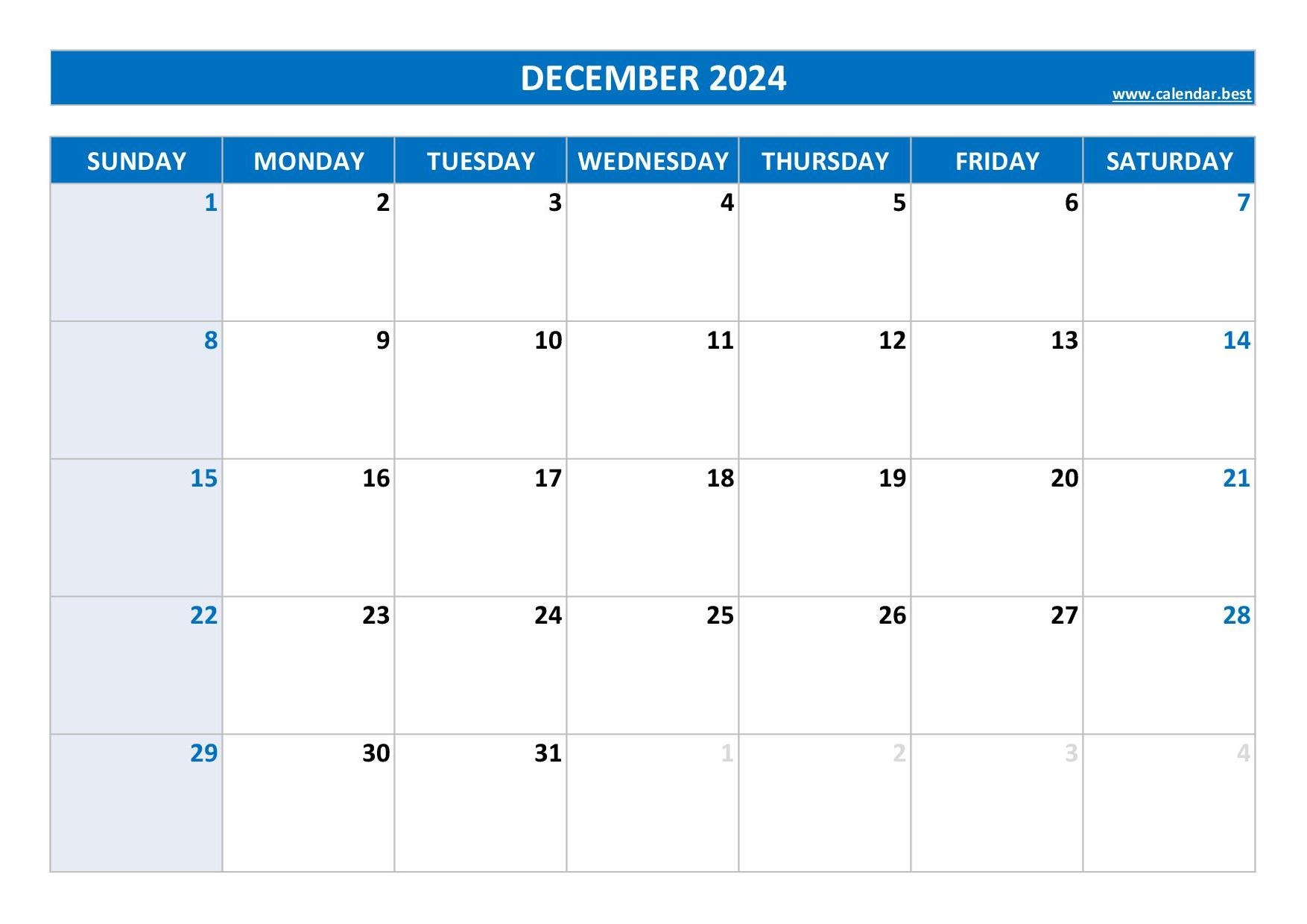 Printable Monthly Calendar December