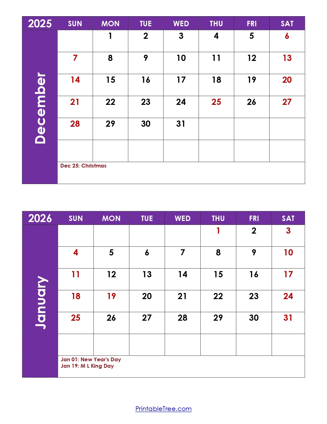 Printable January 2026 Calendar