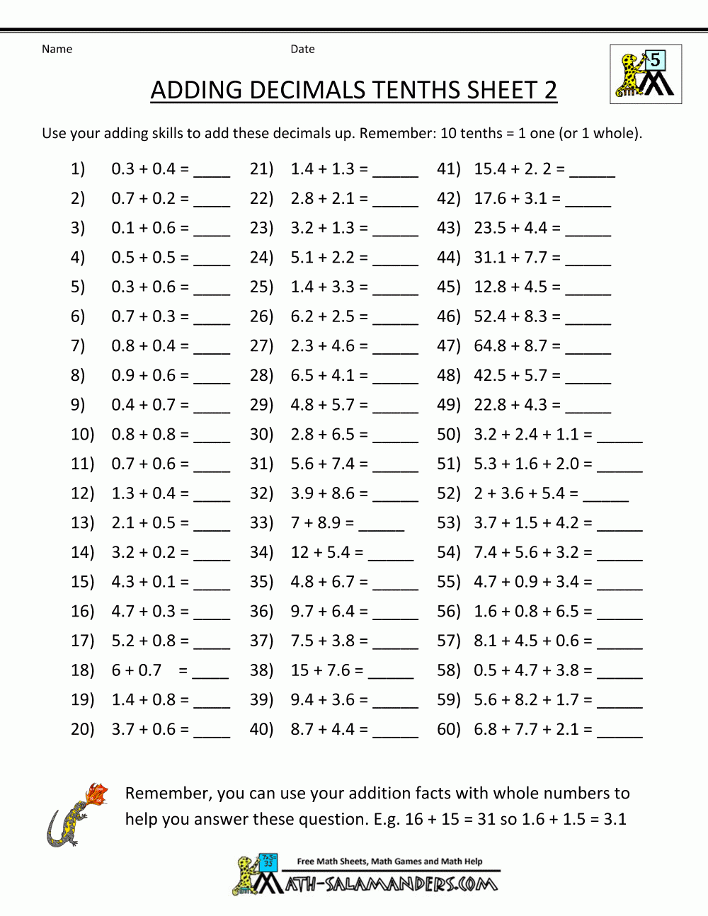 Decimal Addition Worksheets 5th Grade