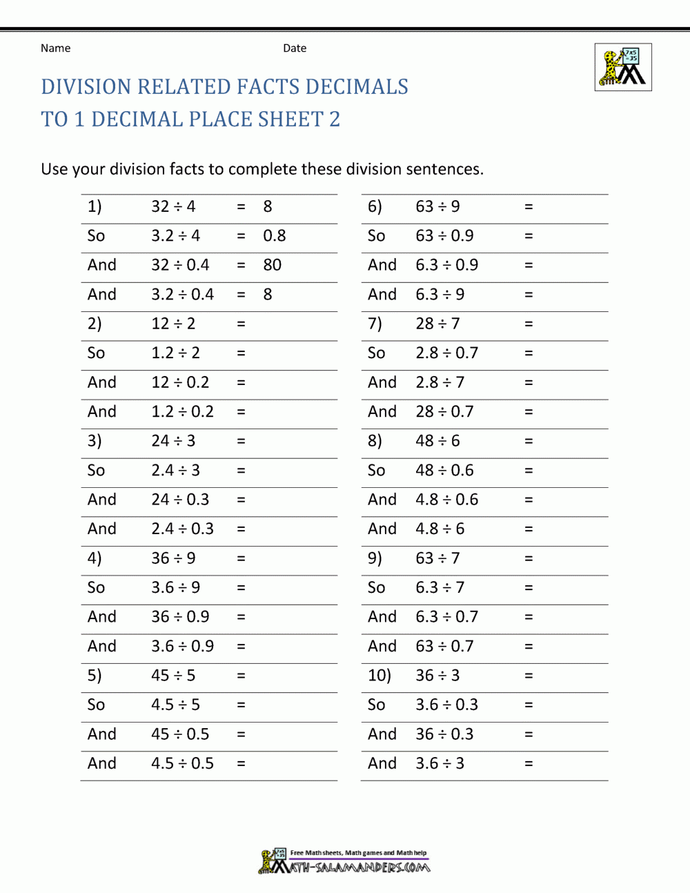 Decimal Division Worksheets