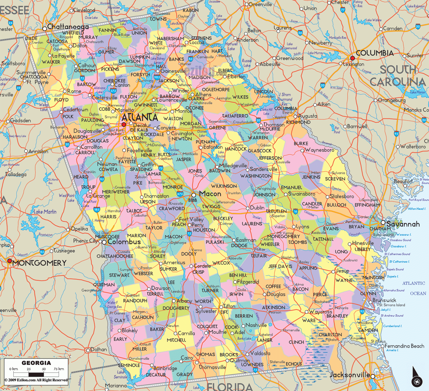 Detailed Map Of Georgia With Cities Counties And Roads Ezilon Maps