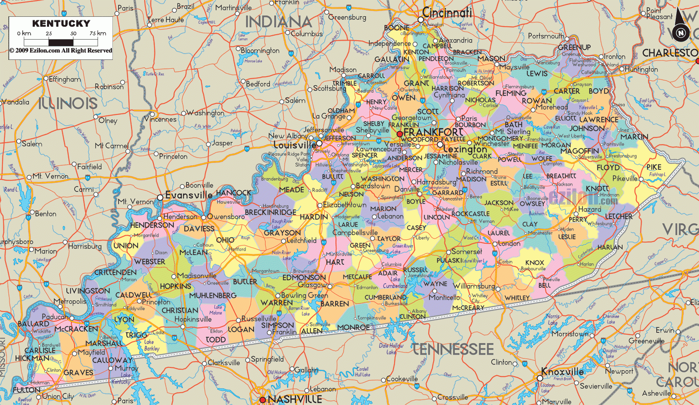 Detailed Map Of Kentucky State USA Ezilon Maps