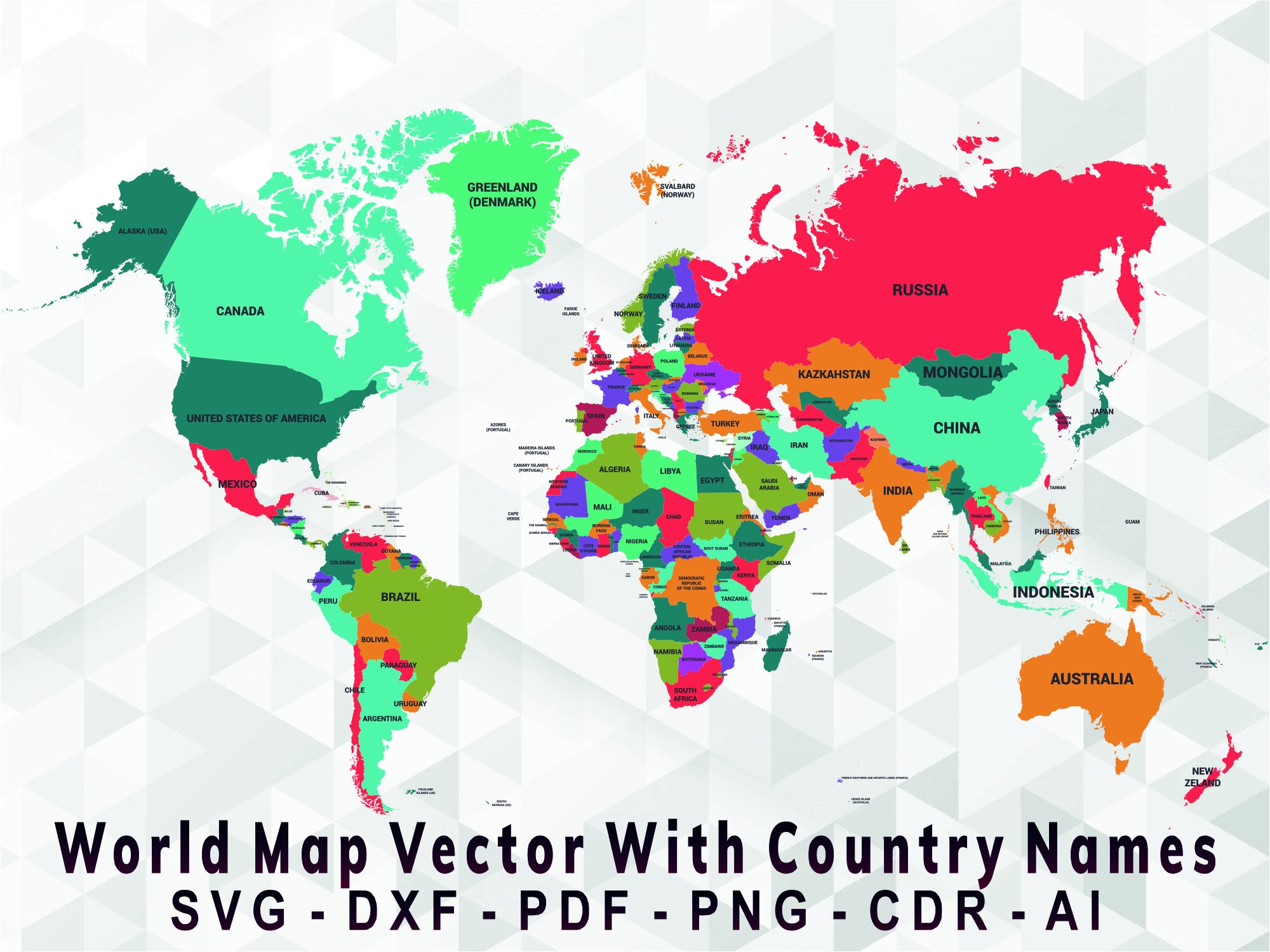 Detailed Map Of World With Country Names SVG DXF PDF Ai Png Etsy